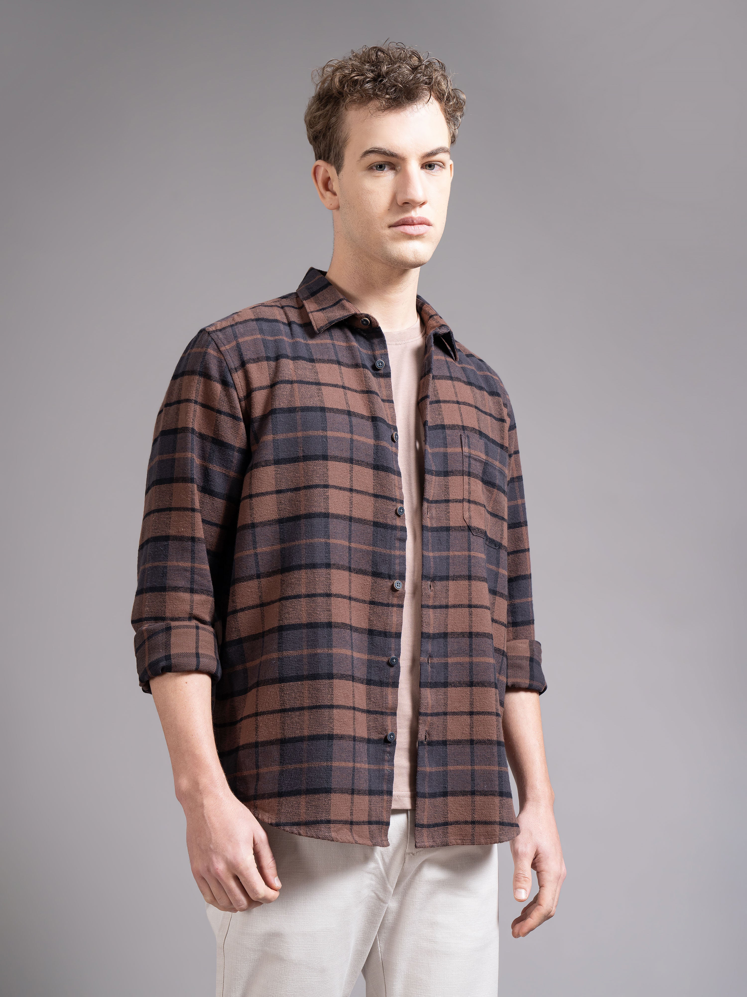 Men Brown Checked Shirt