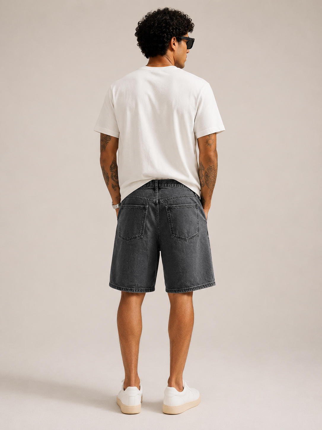 Men Black Washed Denim Shorts