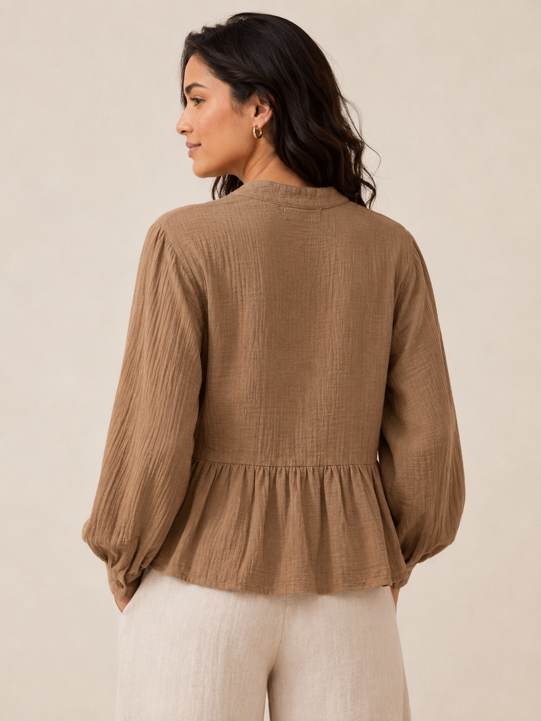 Women Brown Ruffle Front Peplum Top