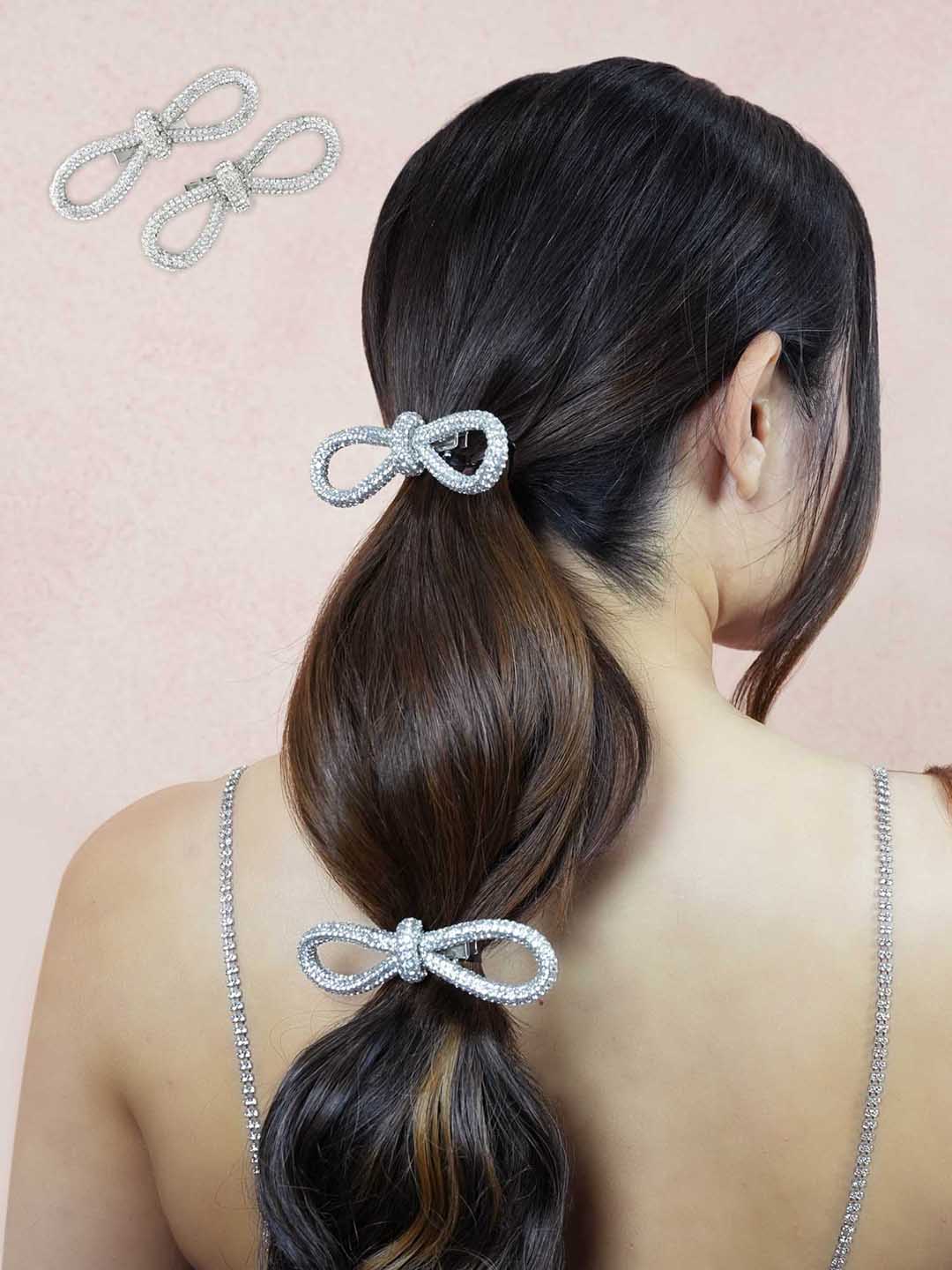 Women Silver Crystal Hair Bow Alligator Clip