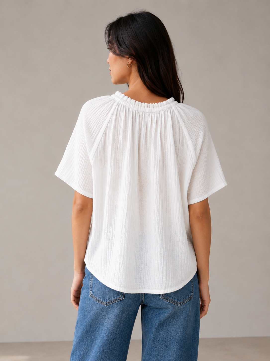 Women White Gathered Neck Top