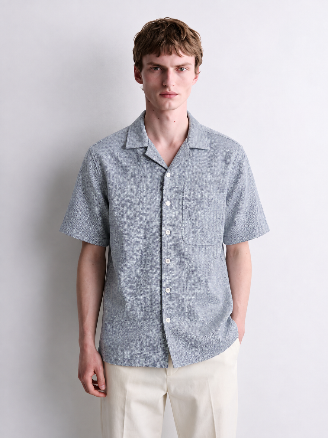 Men Blue Chevron Cuban Collar Shirt