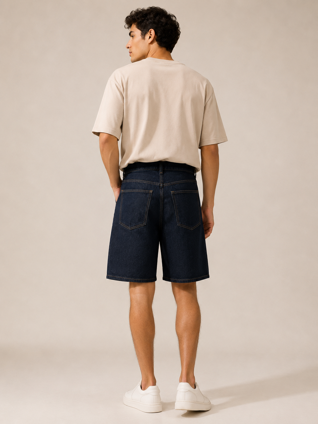 Men Navy Washed Denim Shorts