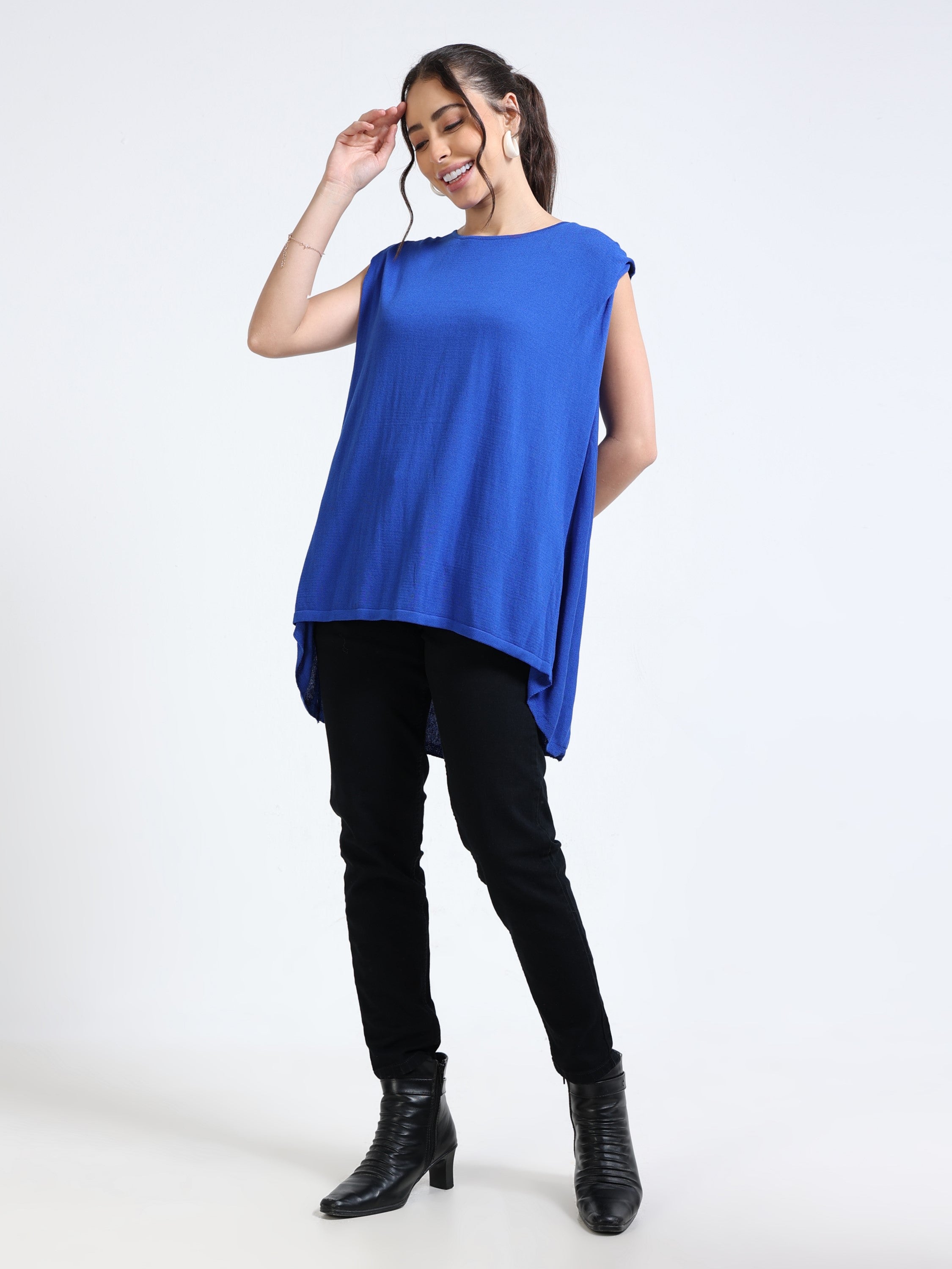 Women Blue Knitted High Low Hem Top