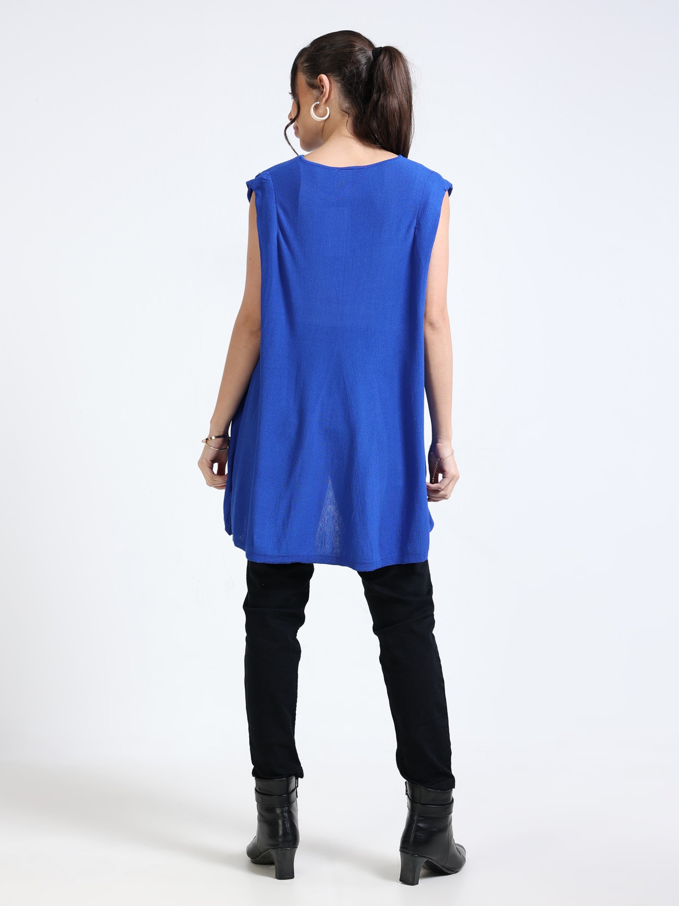 Women Blue Knitted High Low Hem Top