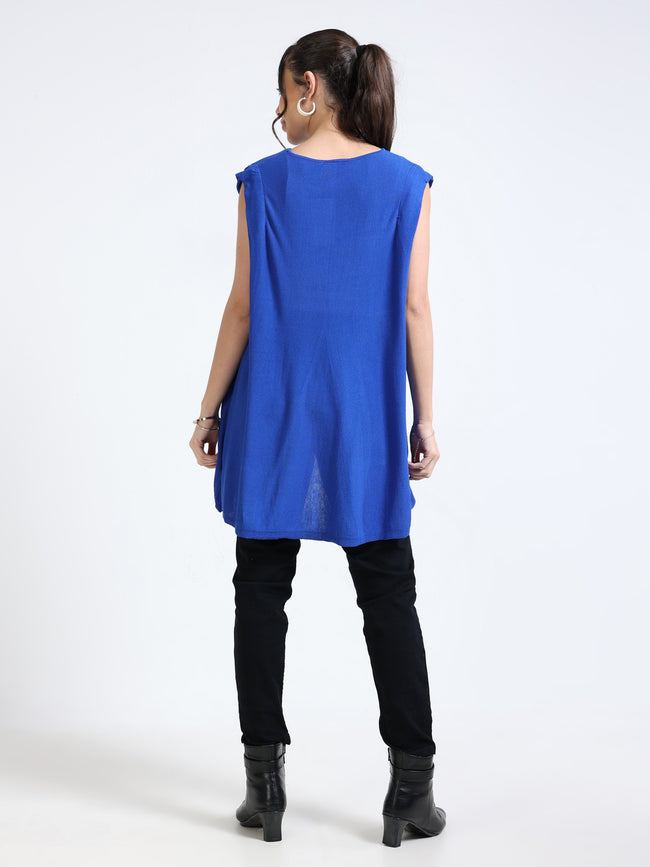 Women Blue Knitted High Low Hem Top