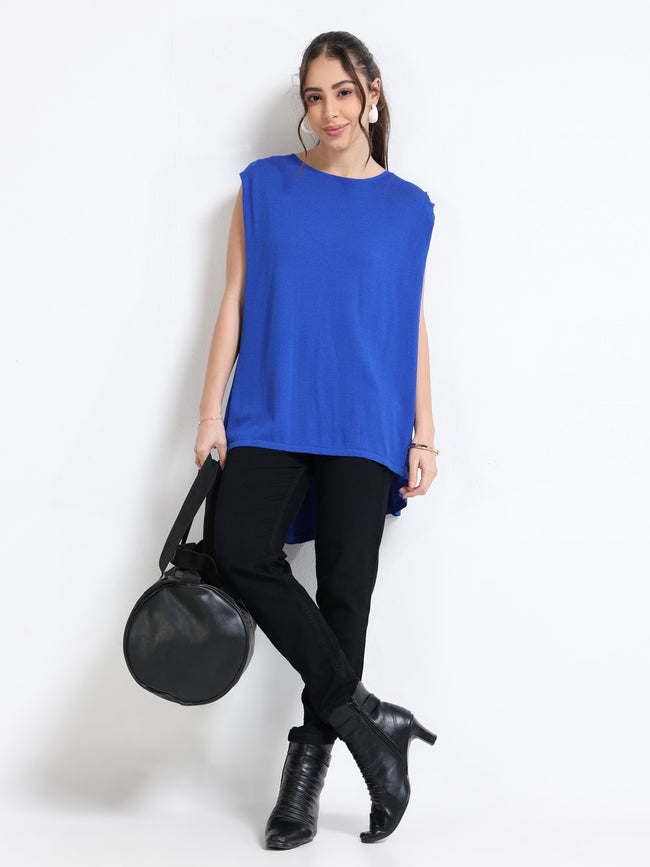 Women Blue Knitted High Low Hem Top