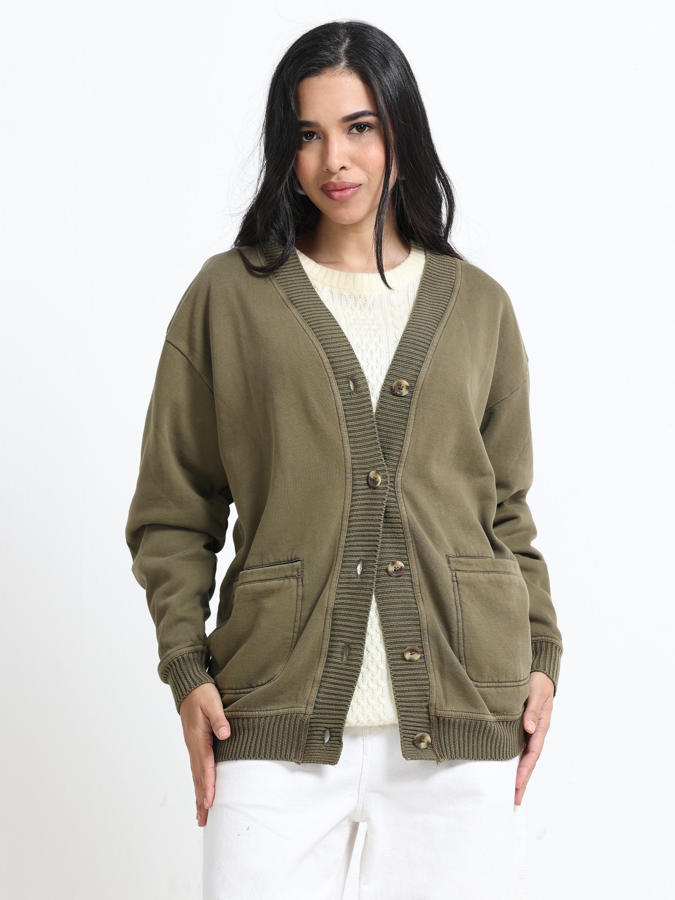 Women Olive Oversized Cardigan