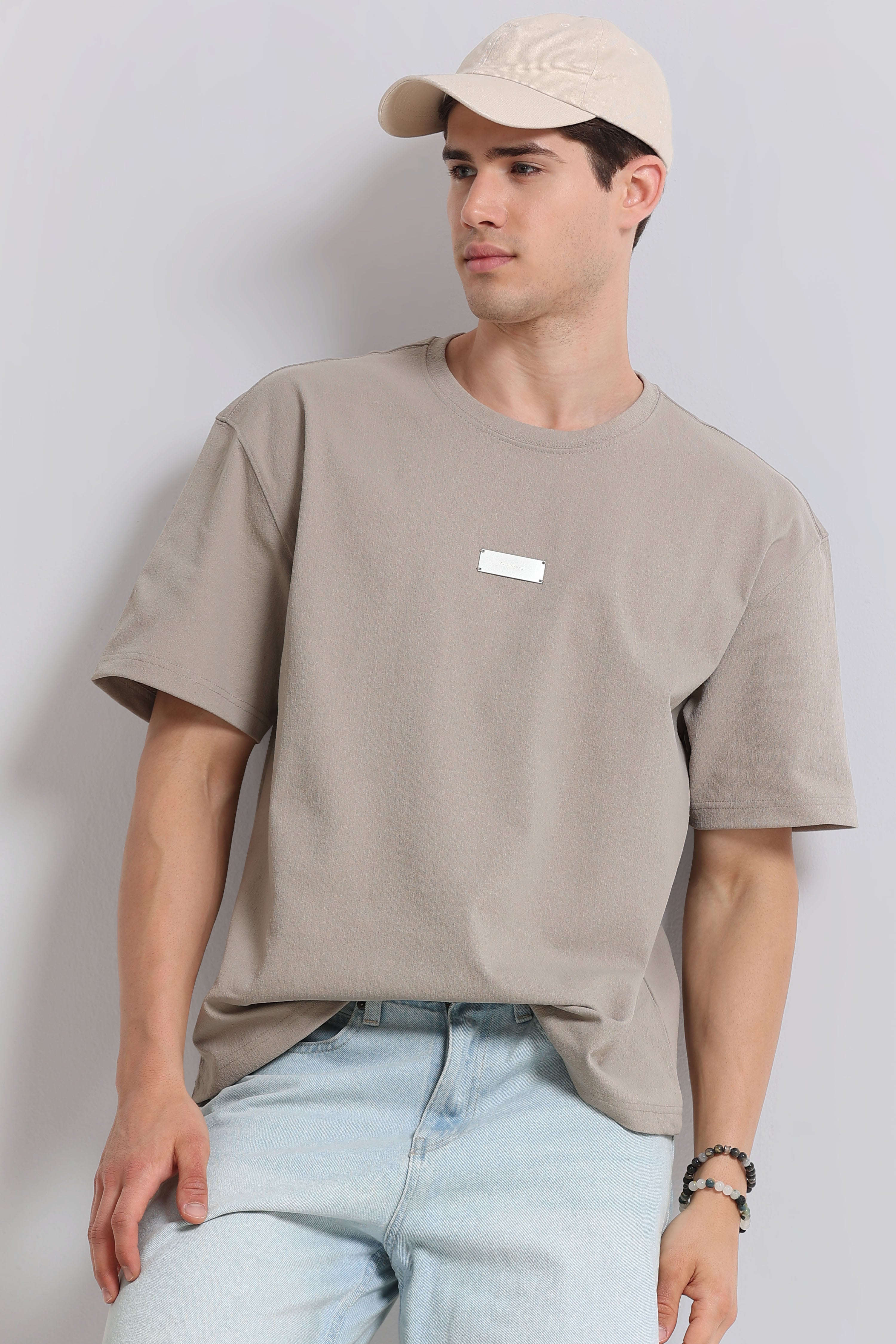 Men Beige Crew Neck T-Shirt