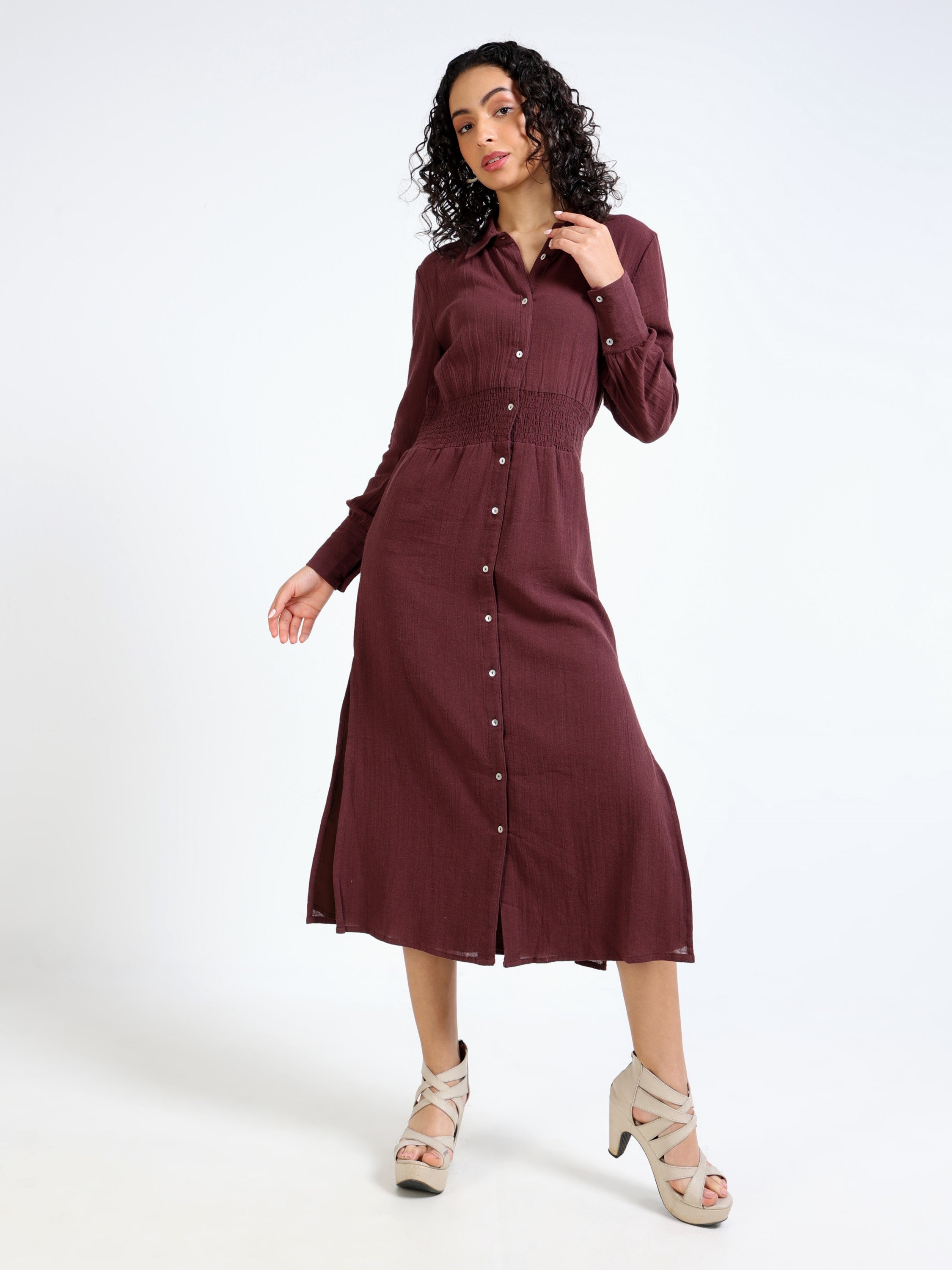 Women Brown Front Button Closure Maxi Dress