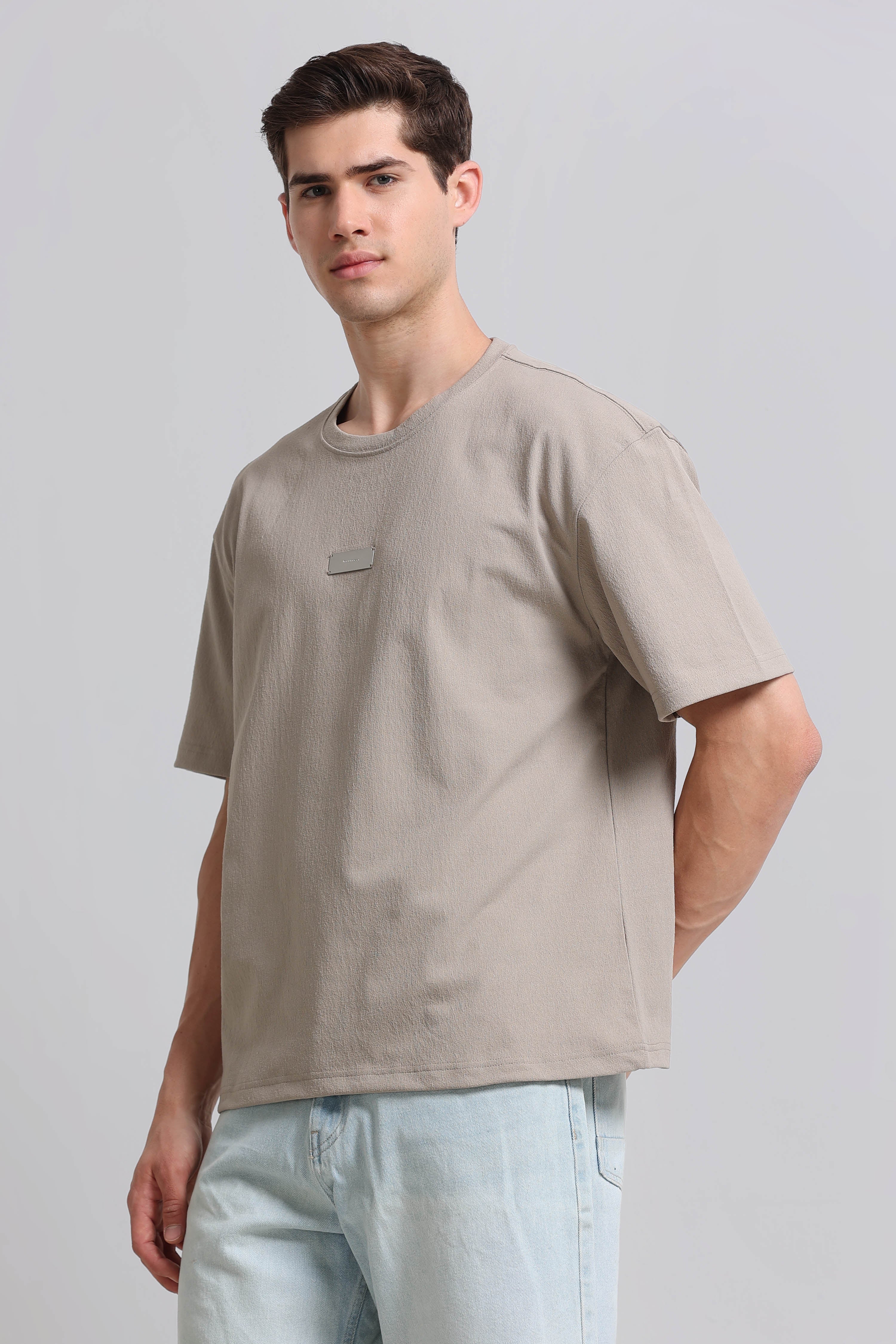 Men Beige Crew Neck T-Shirt