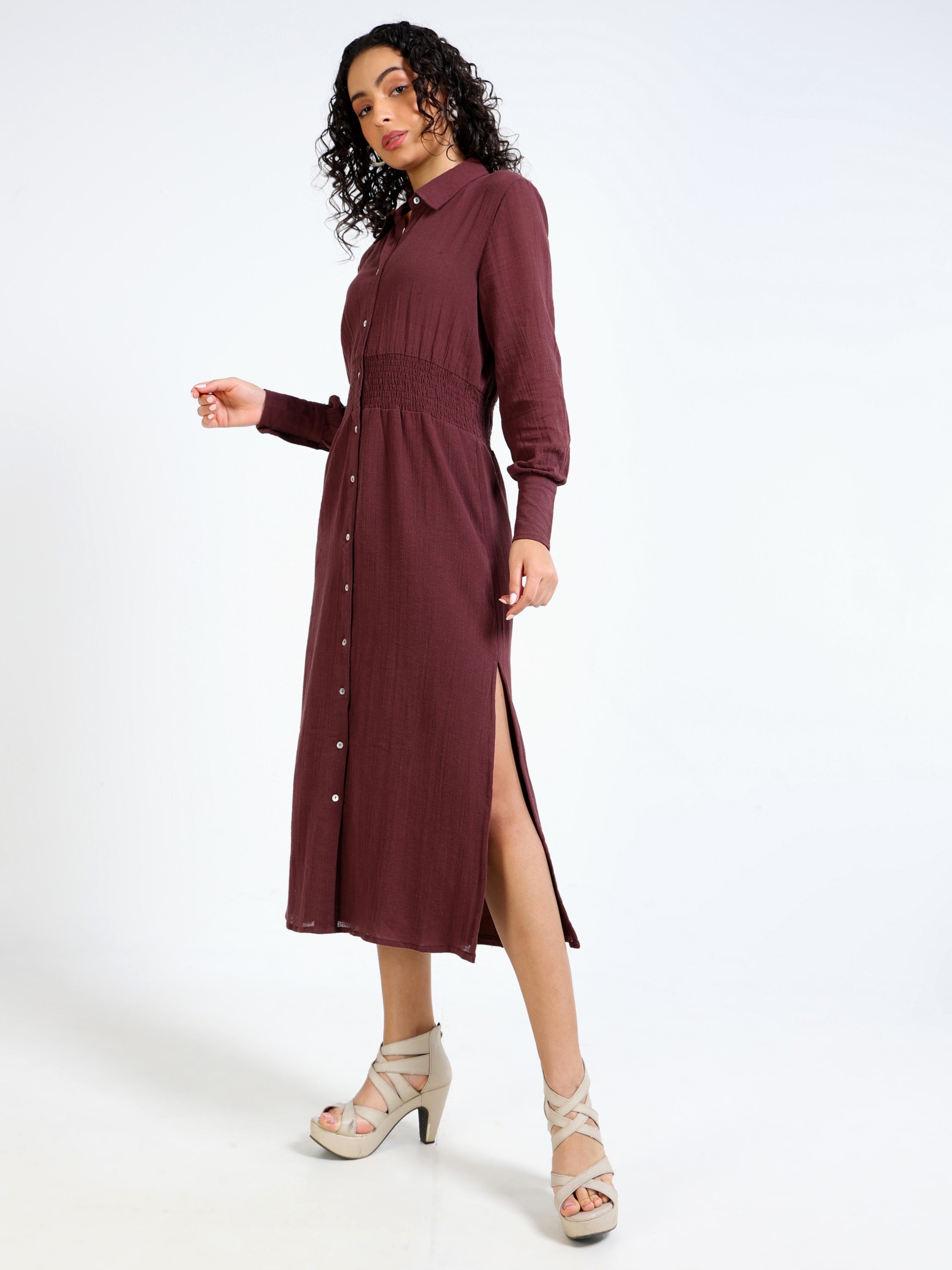 Women Brown Front Button Closure Maxi Dress