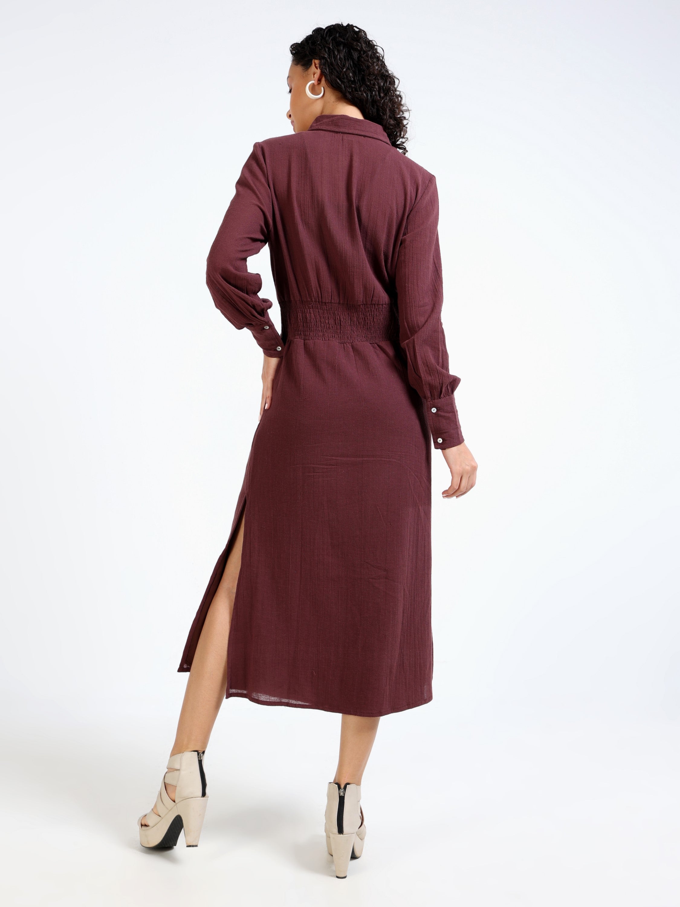 Women Brown Front Button Closure Maxi Dress