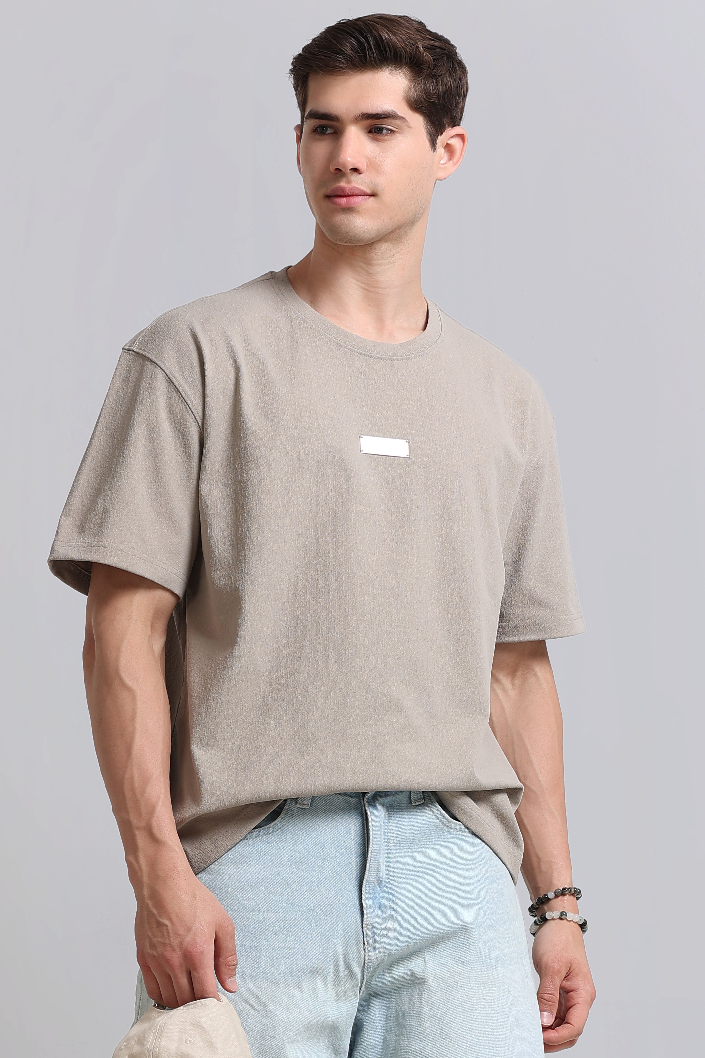 Men Beige Crew Neck T-Shirt