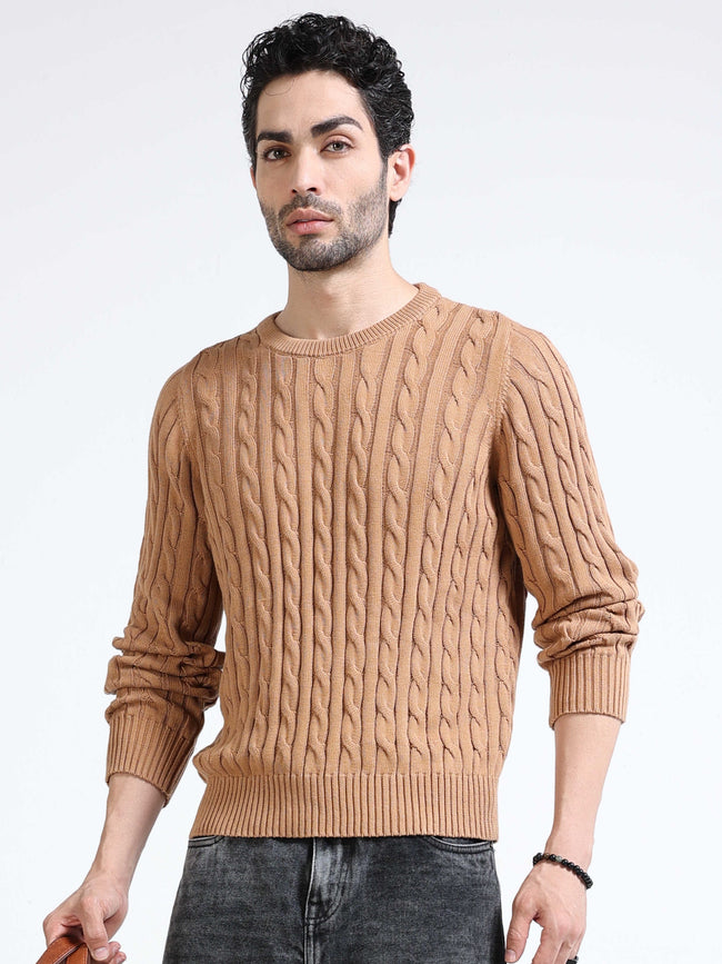 Men Brown Cable Knit Sweater