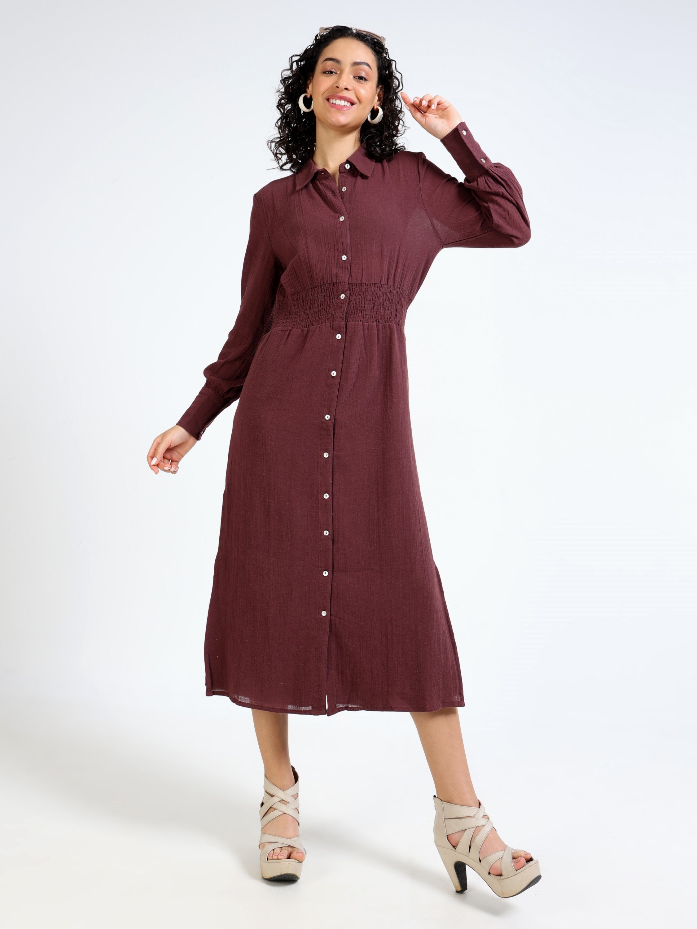 Women Brown Front Button Closure Maxi Dress