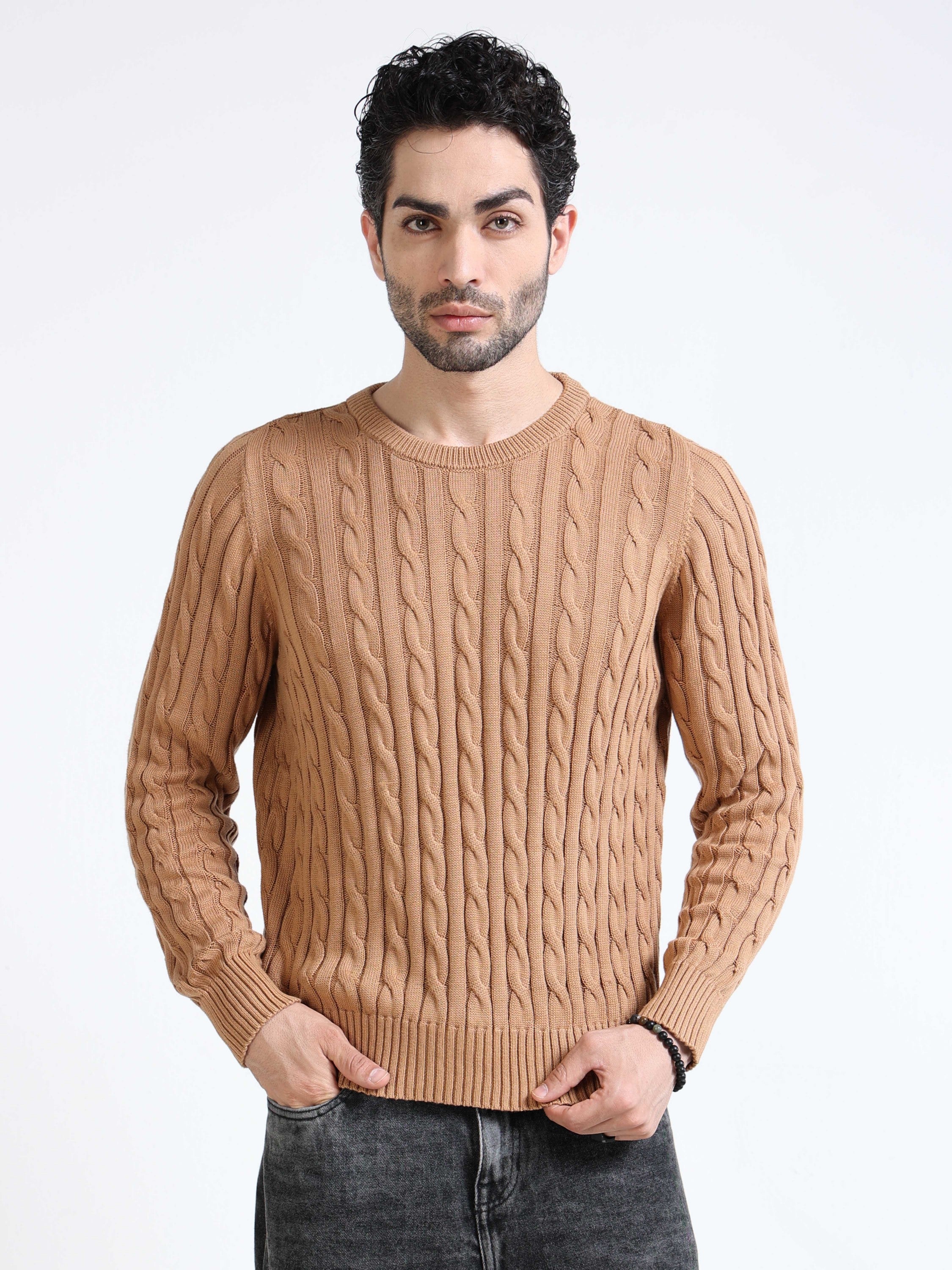 Men Brown Cable Knit Sweater