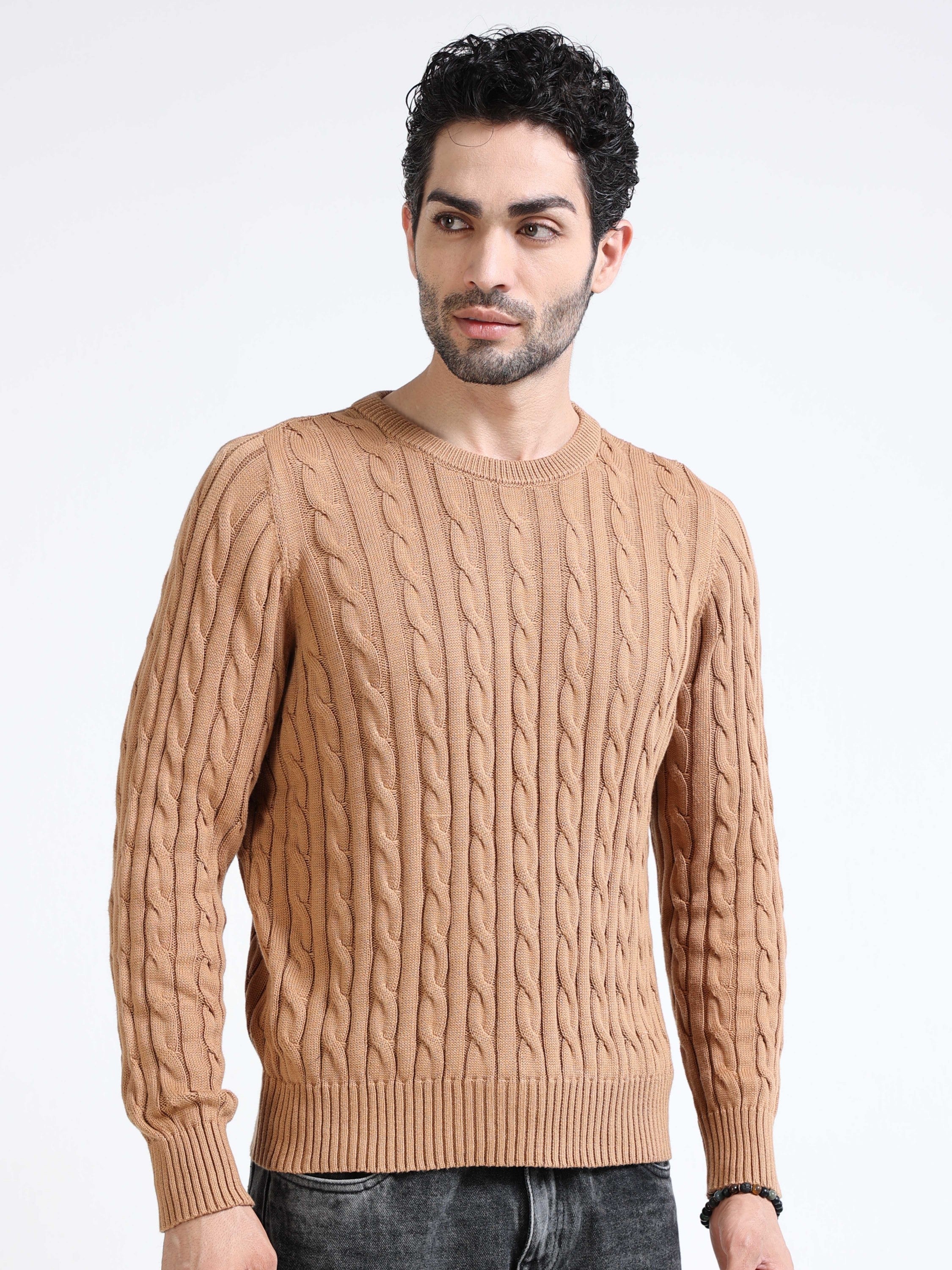 Men Brown Cable Knit Sweater