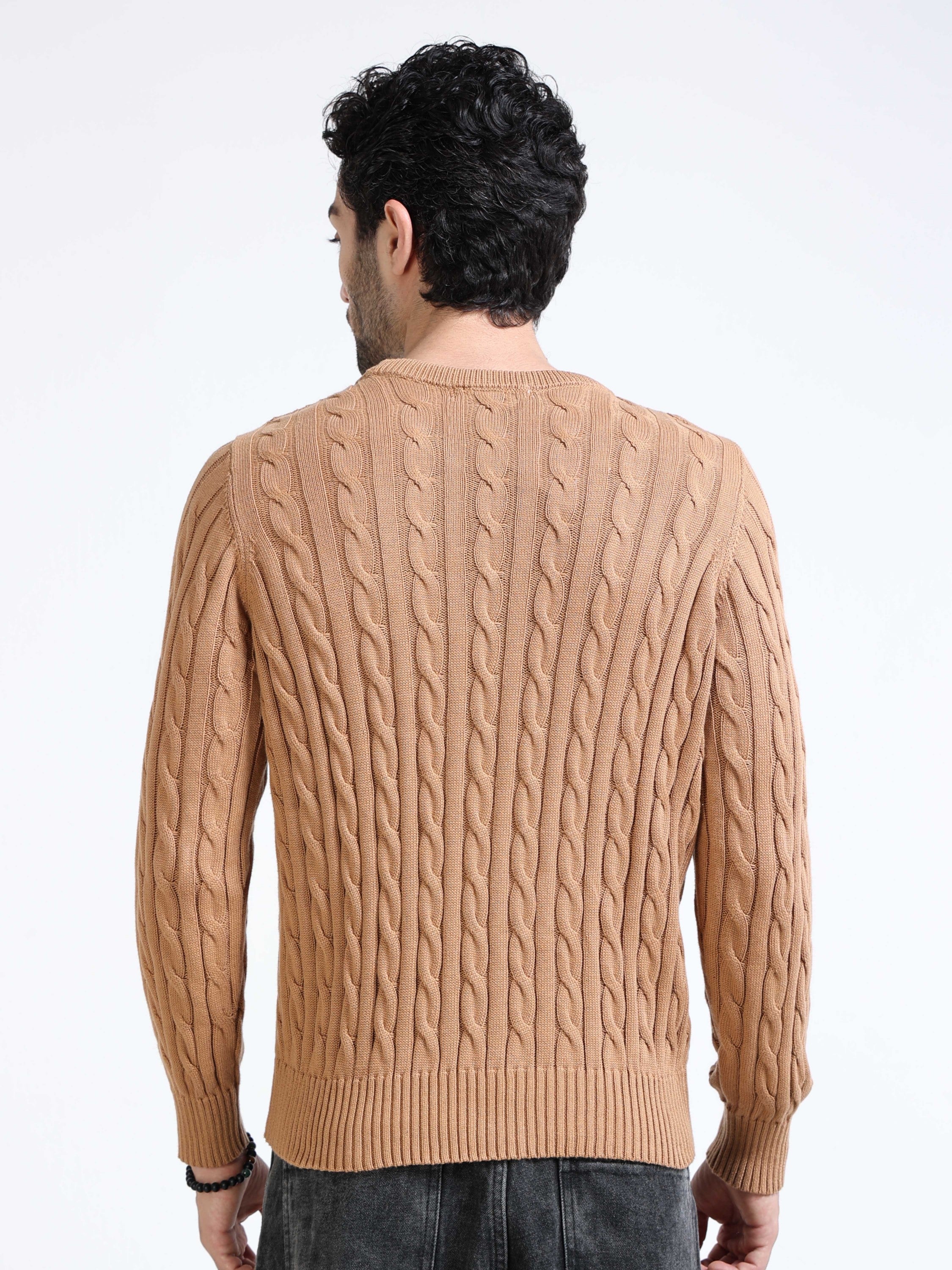 Men Brown Cable Knit Sweater