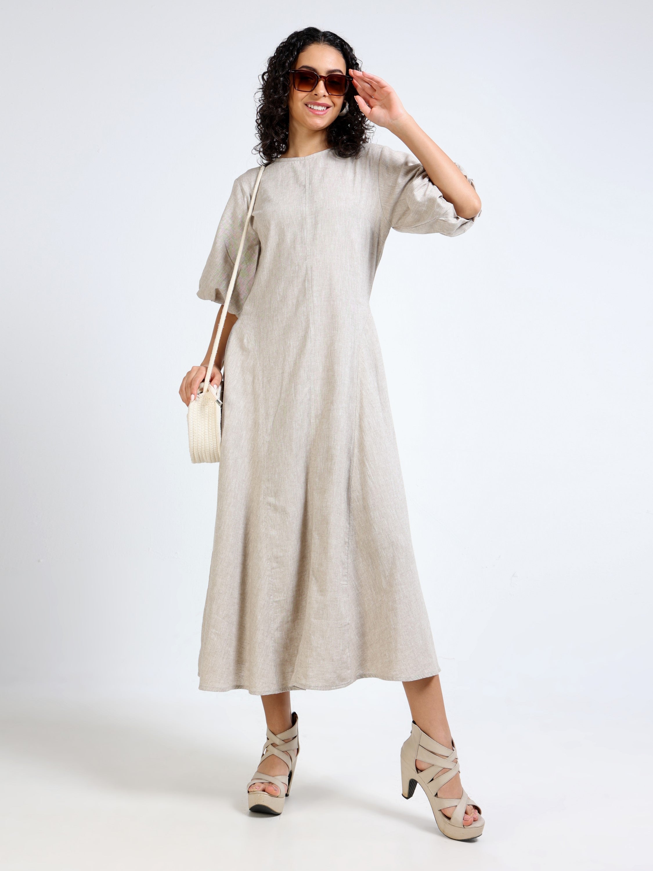Women Beige Linen Blend Dress