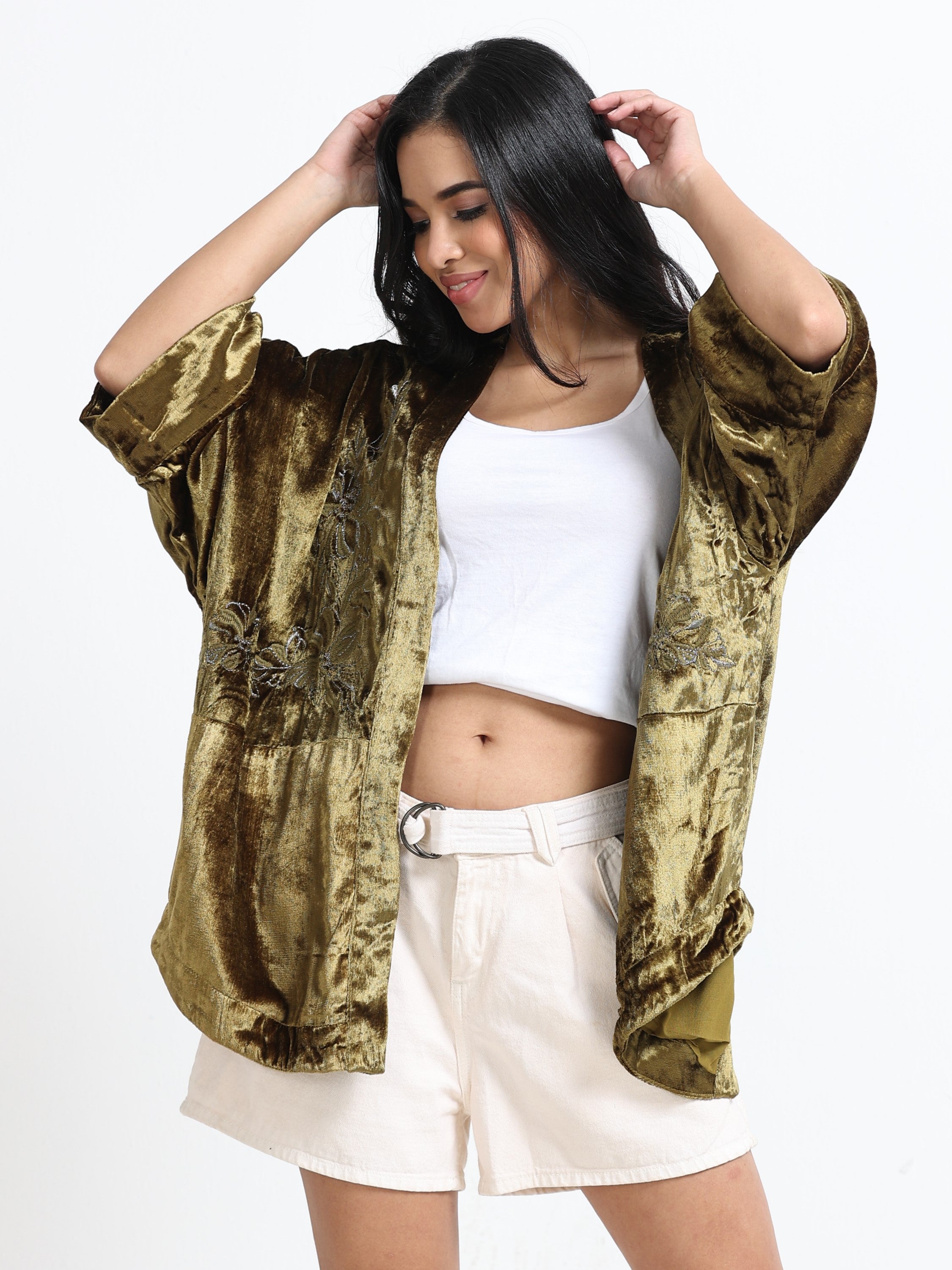 Women Green Velvet Embellished Kimono Jacket