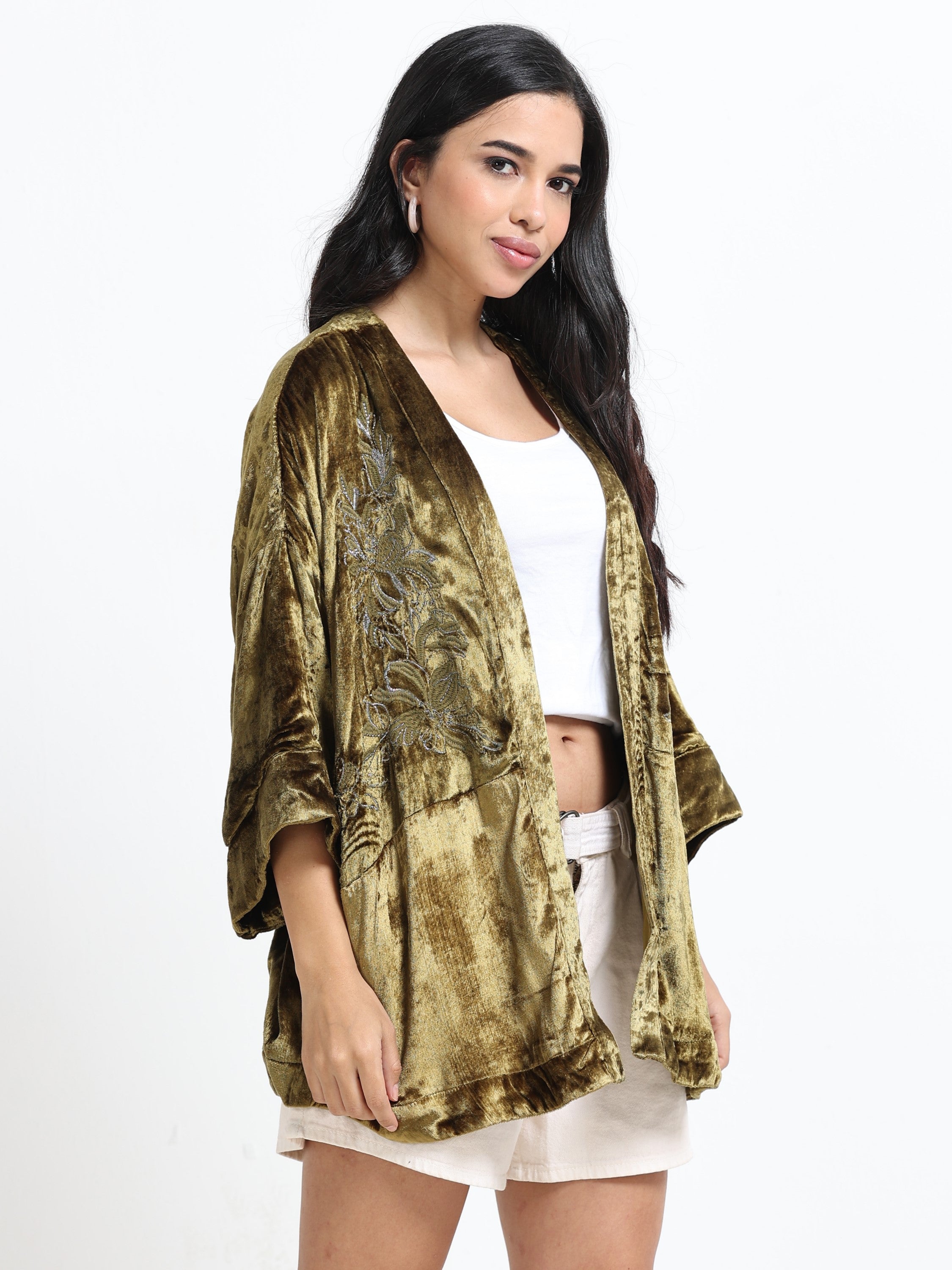 Women Green Velvet Embellished Kimono Jacket