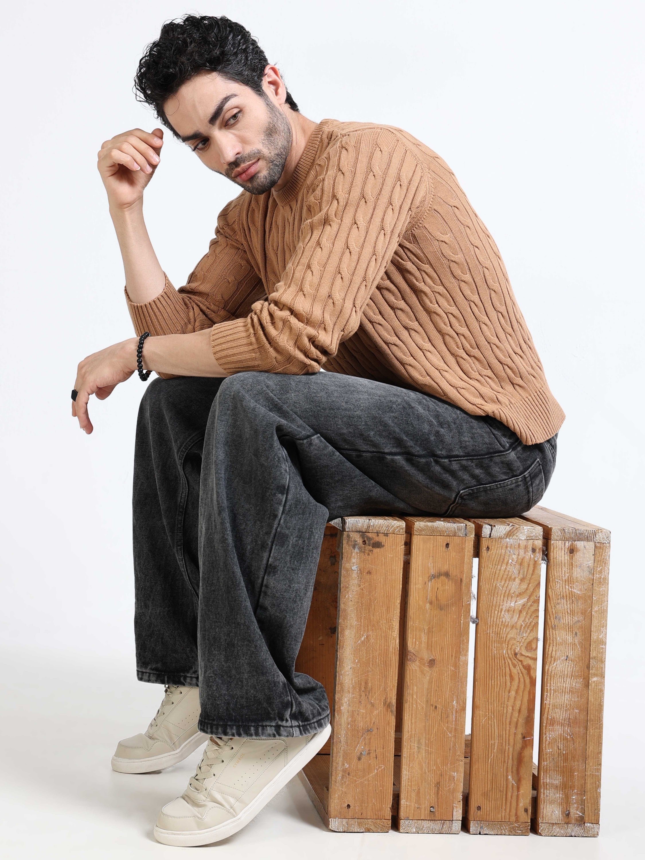 Men Brown Cable Knit Sweater