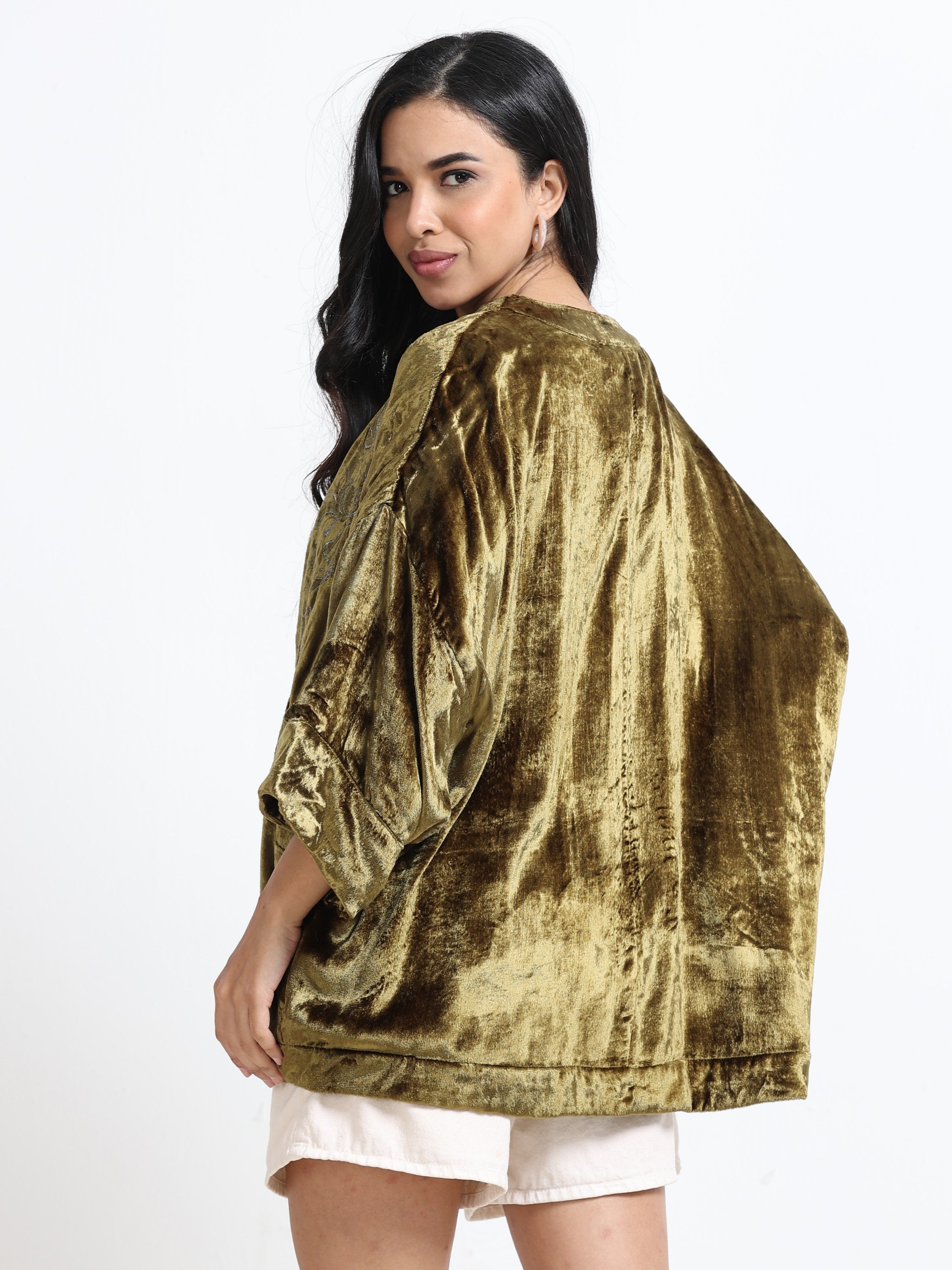 Women Green Velvet Embellished Kimono Jacket