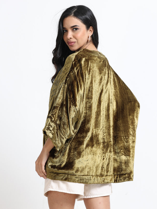 Women Green Velvet Embellished Kimono Jacket