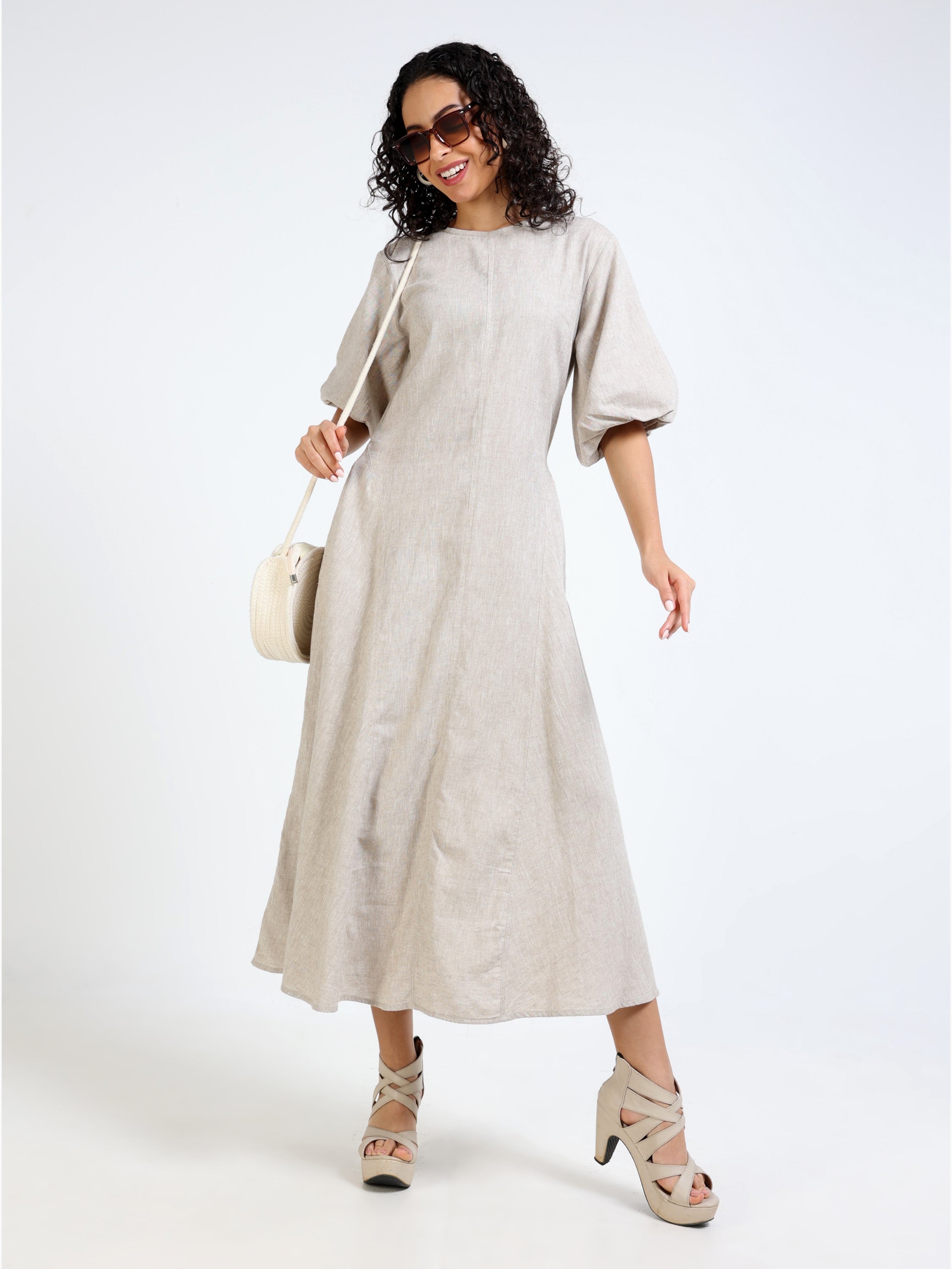 Women Beige Linen Blend Dress