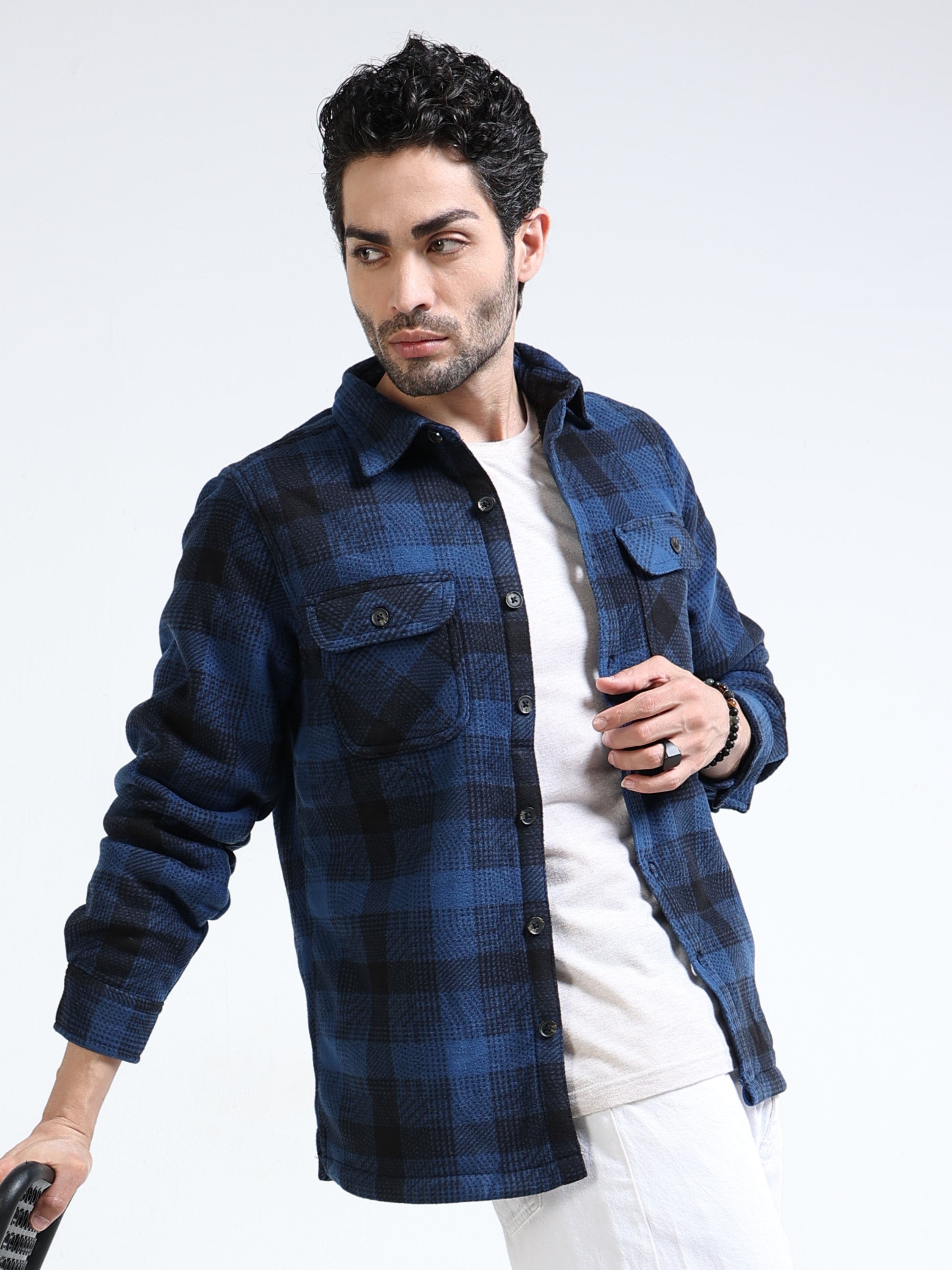 Men Blue Polar Fleece Shacket