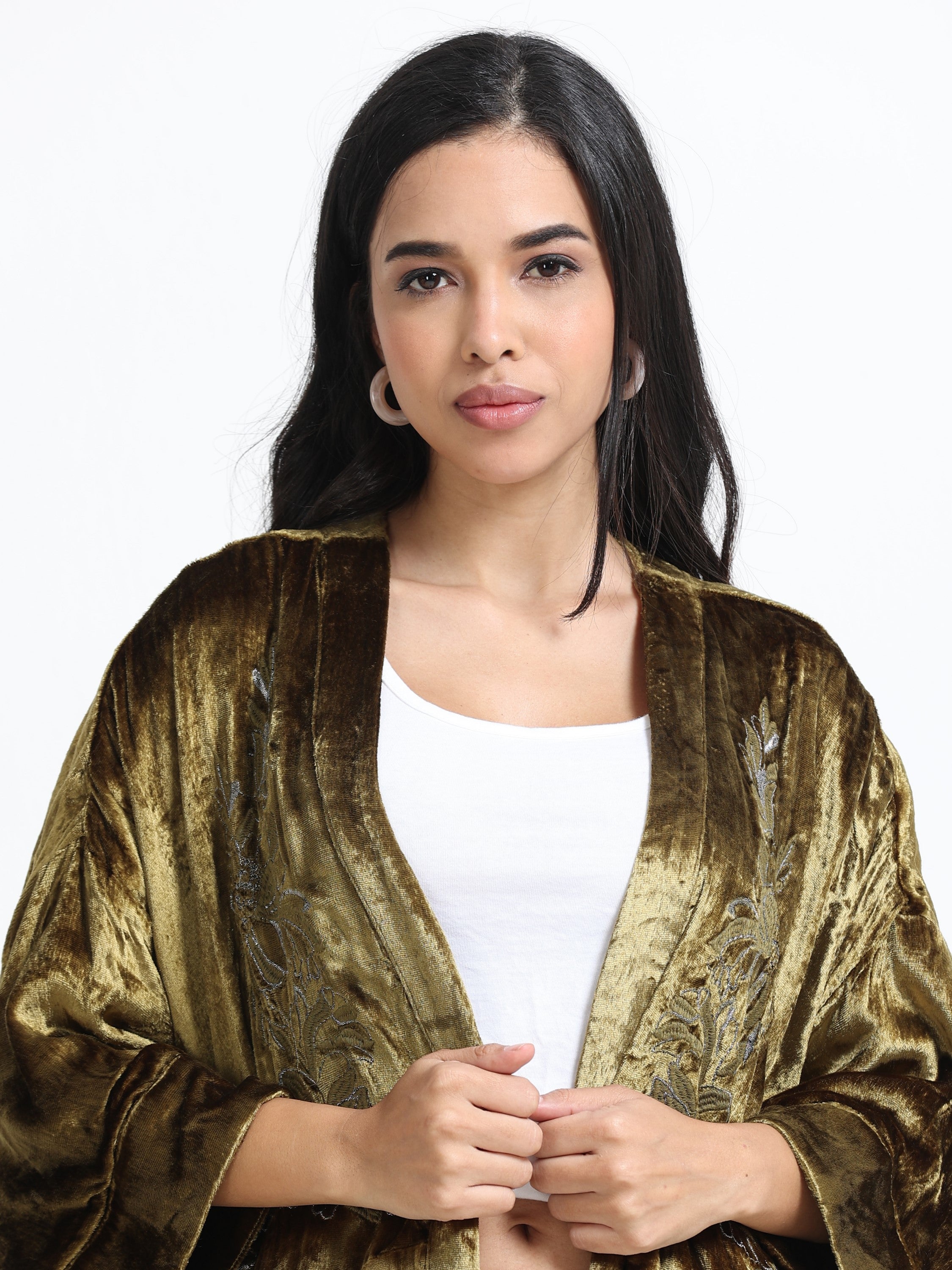 Women Green Velvet Embellished Kimono Jacket