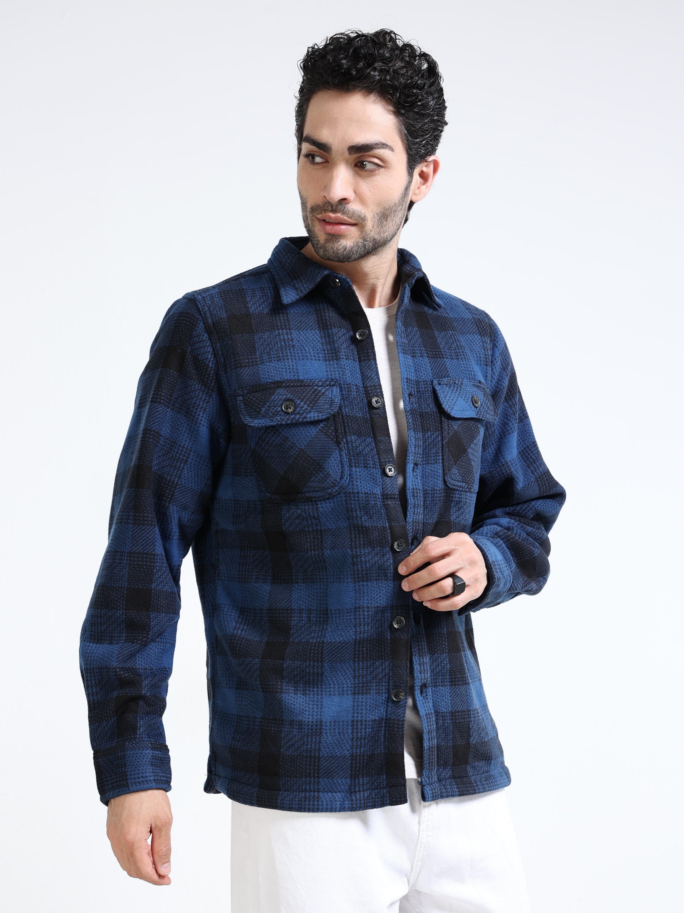 Men Blue Polar Fleece Shacket