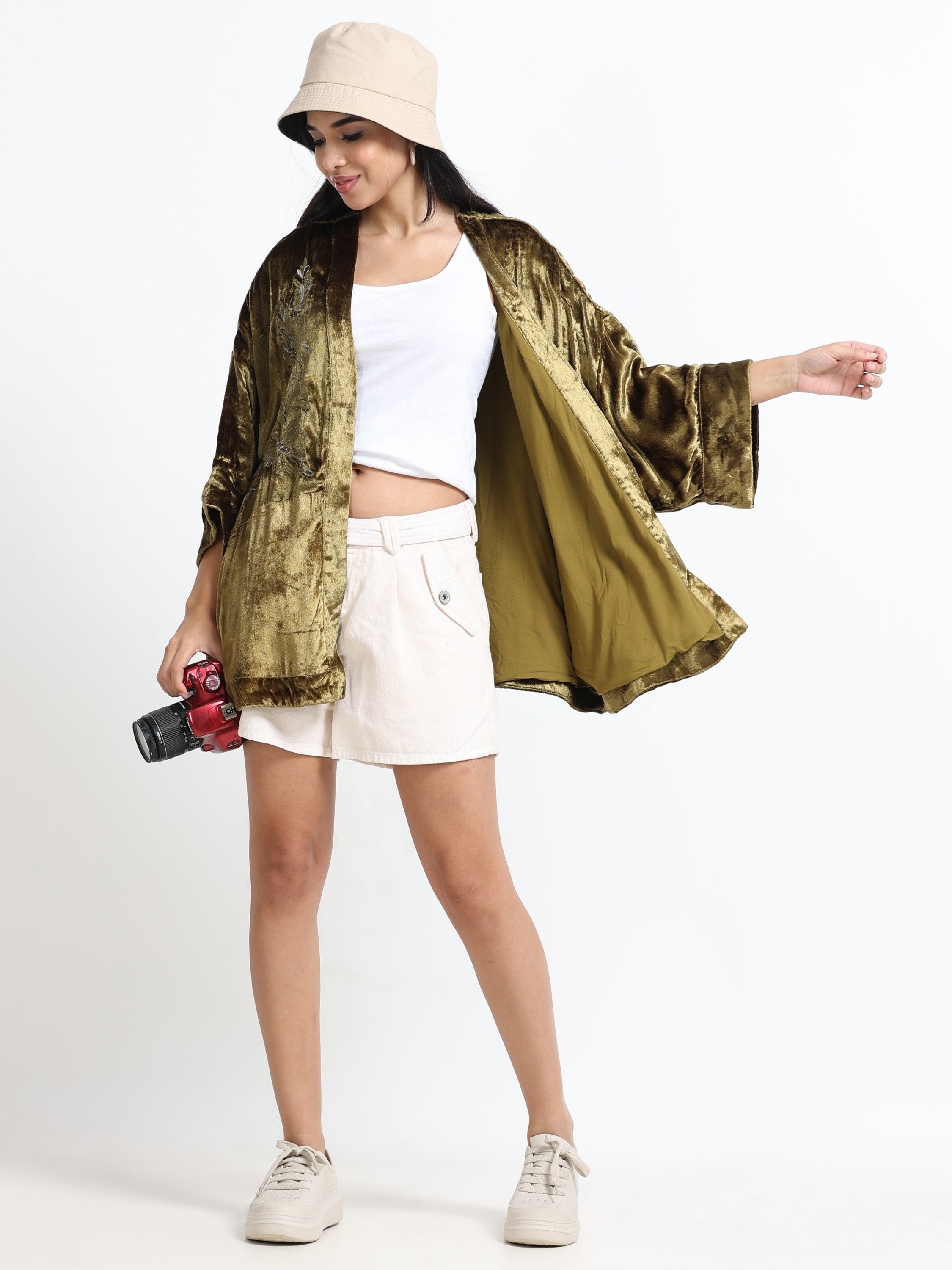 Women Green Velvet Embellished Kimono Jacket