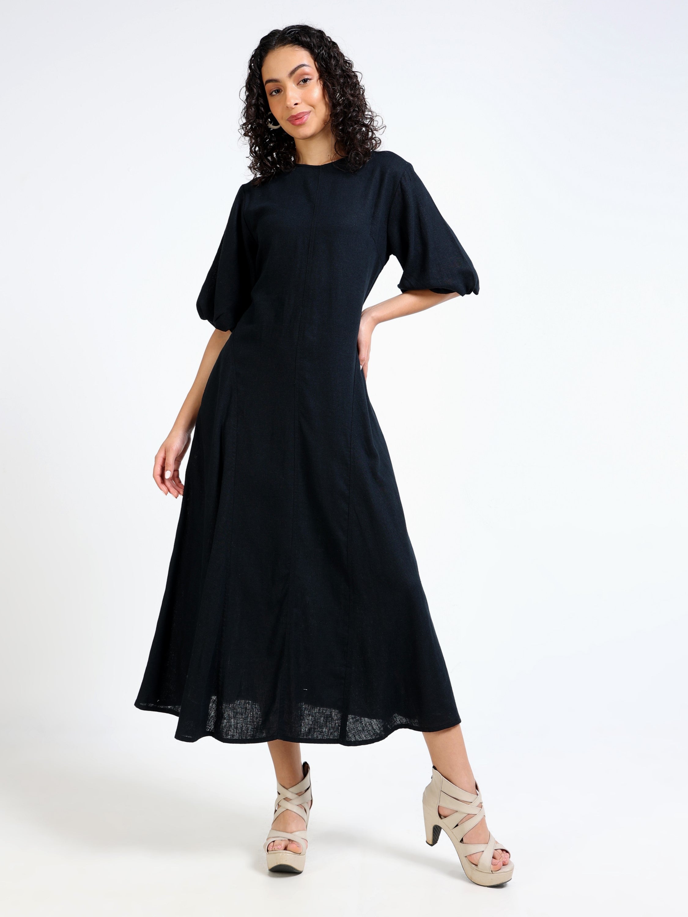 Women Black Linen Blend Dress