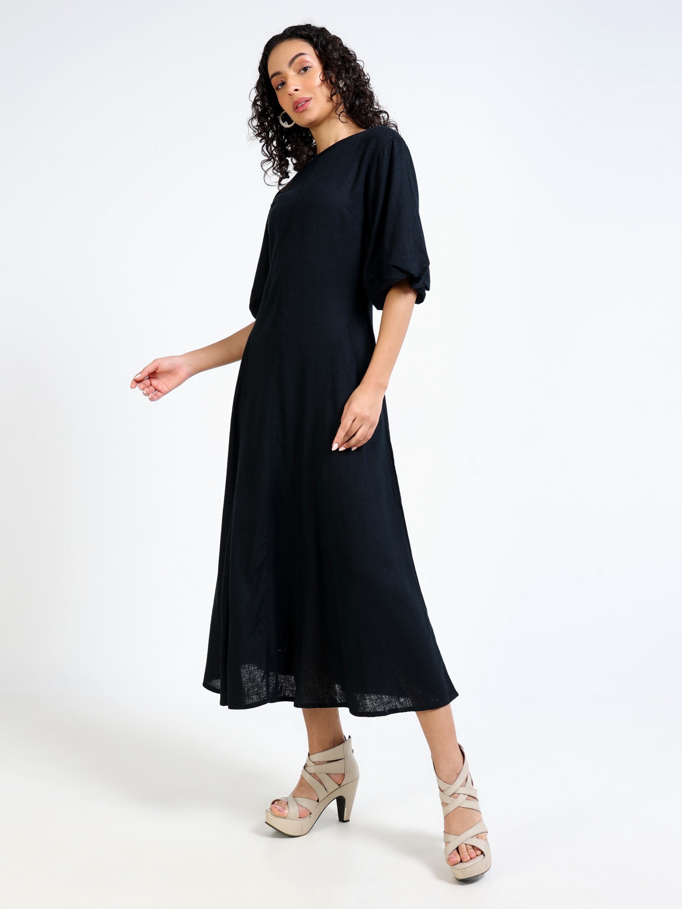 Women Black Linen Blend Dress