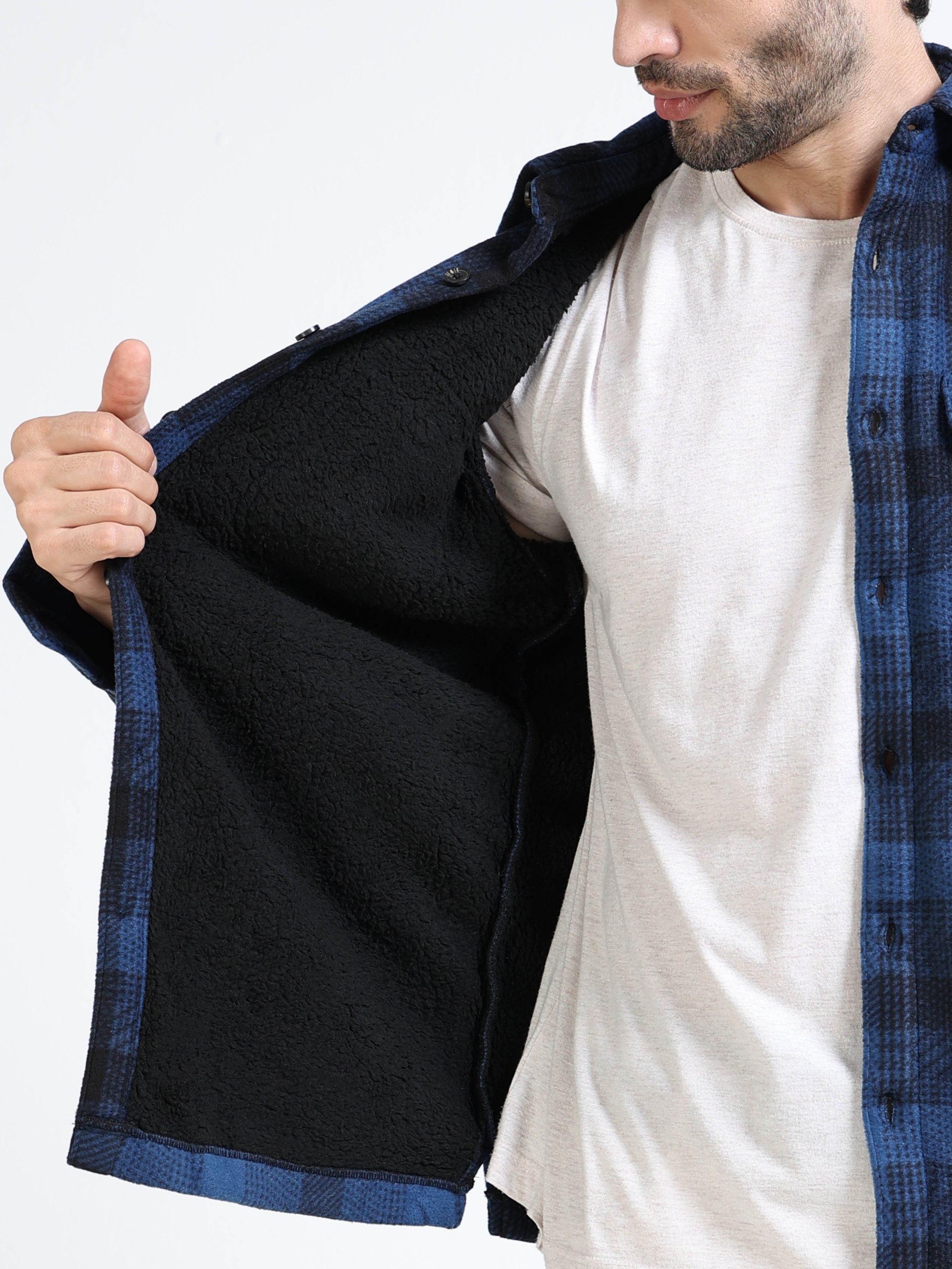 Men Blue Polar Fleece Shacket