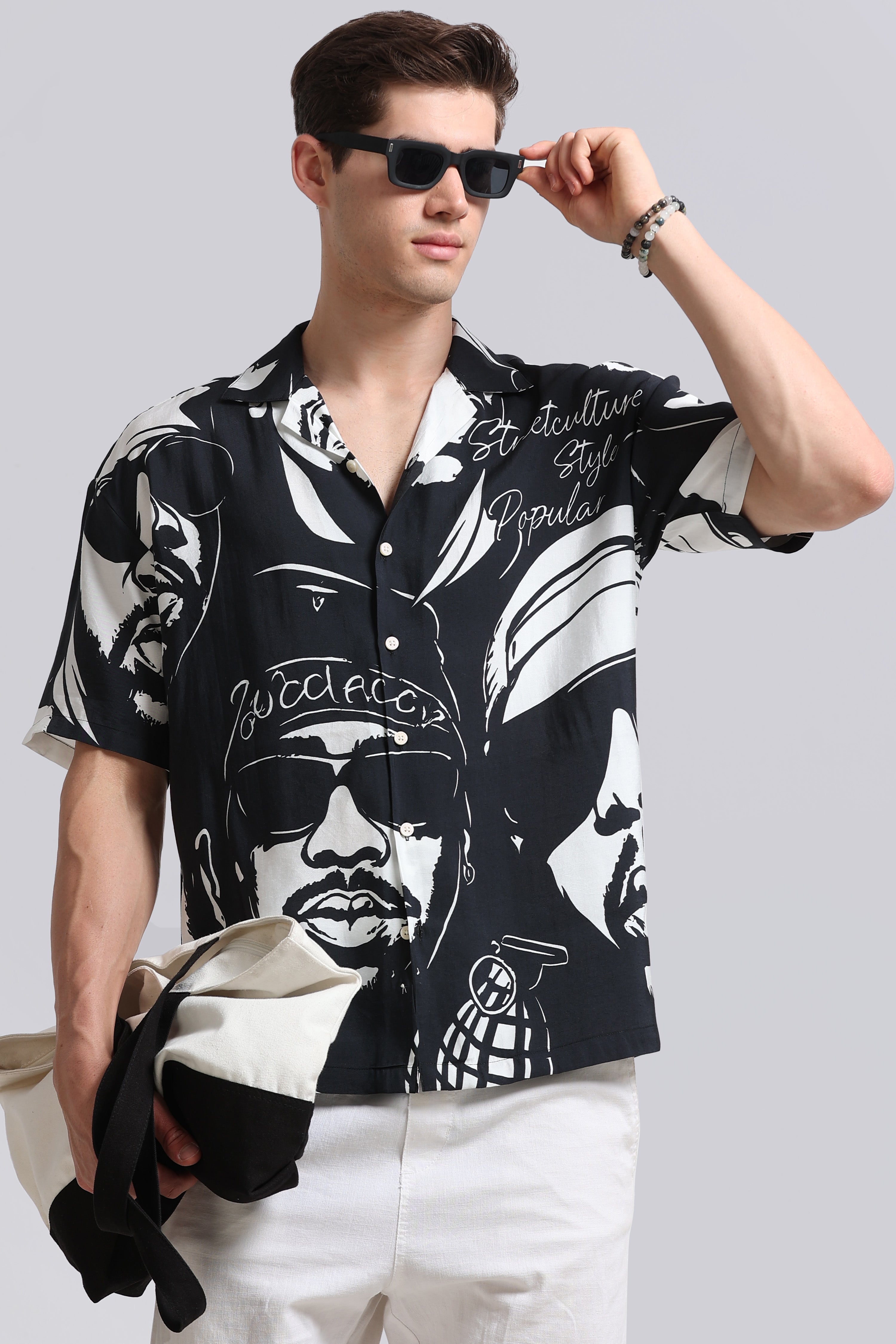 Men Black Oversized Graphic Print Shirt