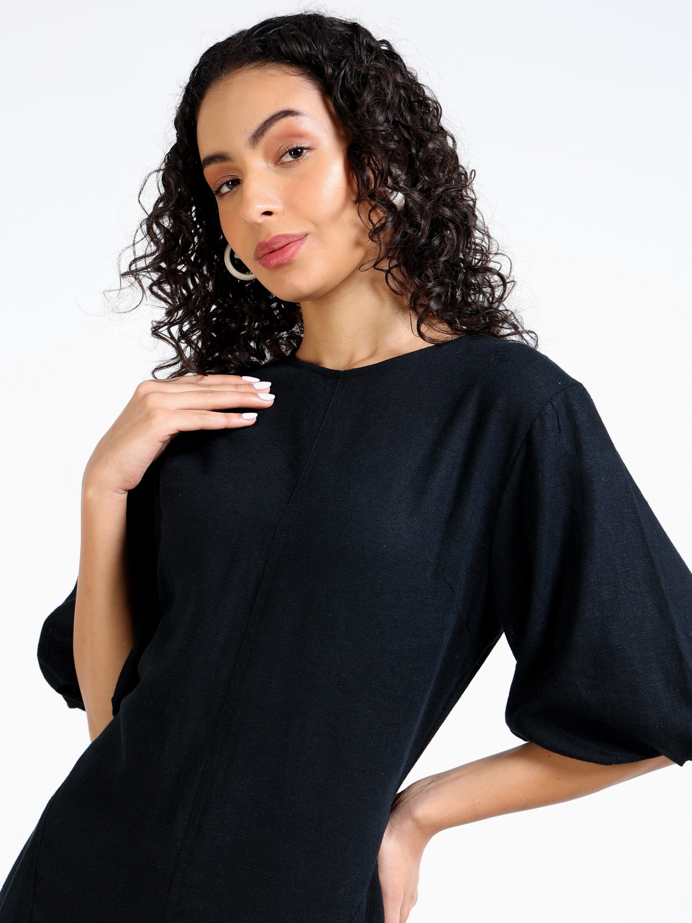 Women Black Linen Blend Dress