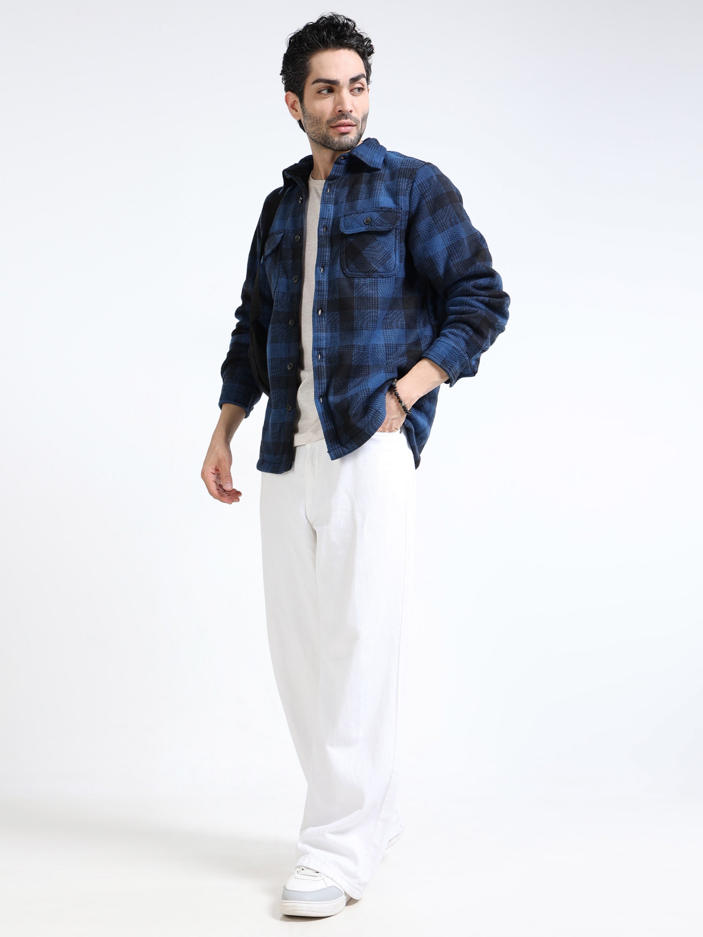 Men Blue Polar Fleece Shacket