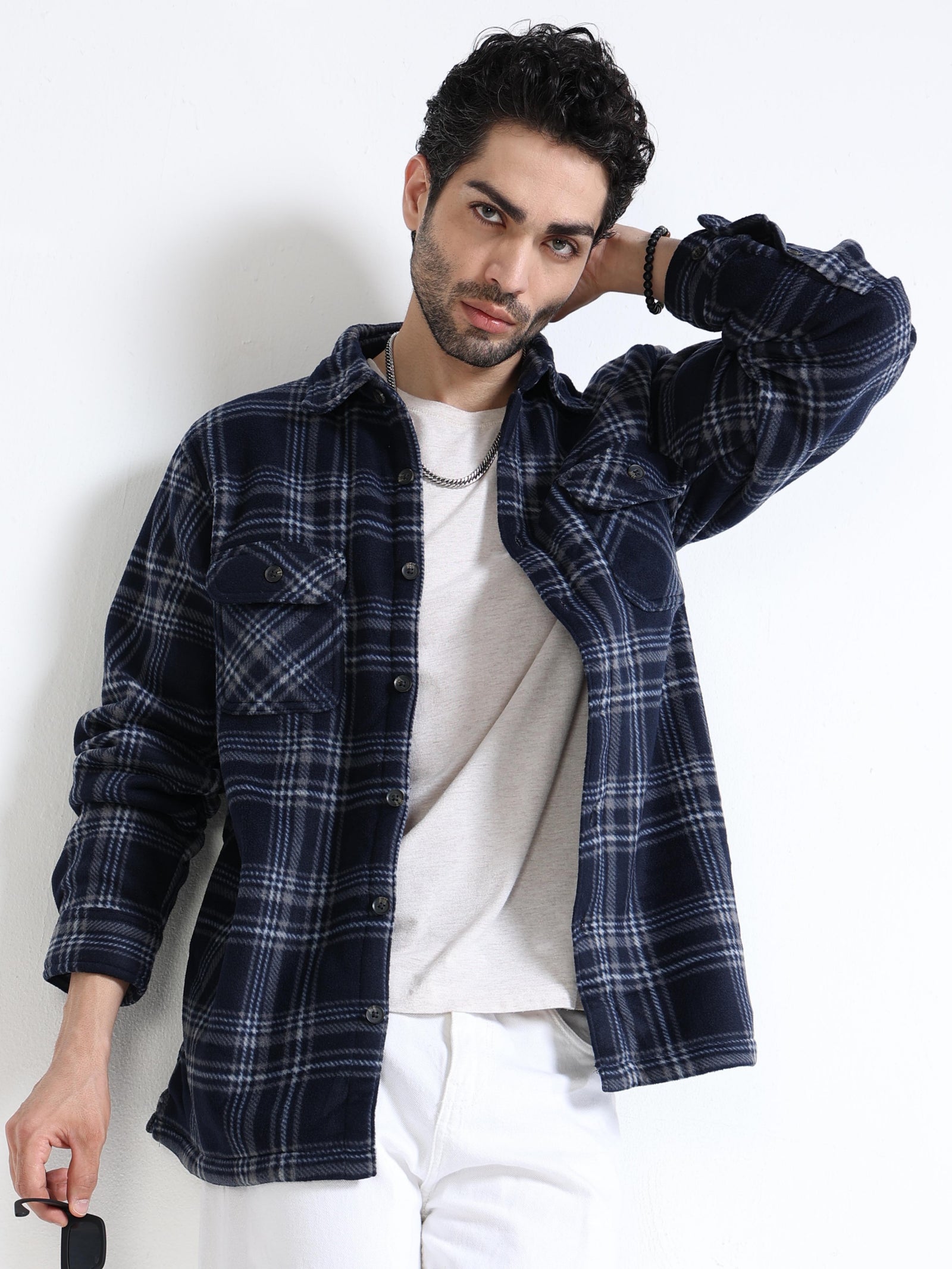 Men Navy Polar Fleece Shacket