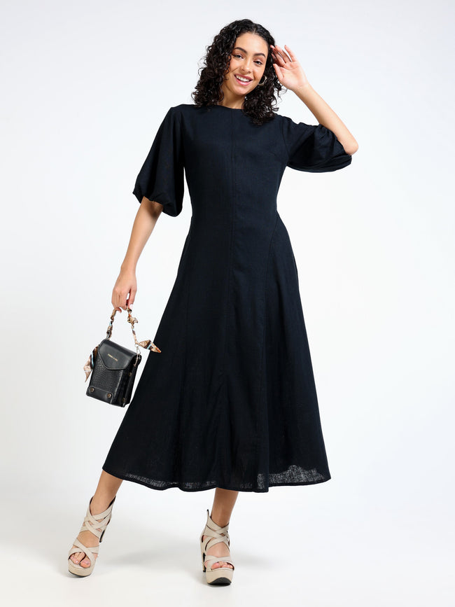 Women Black Linen Blend Dress