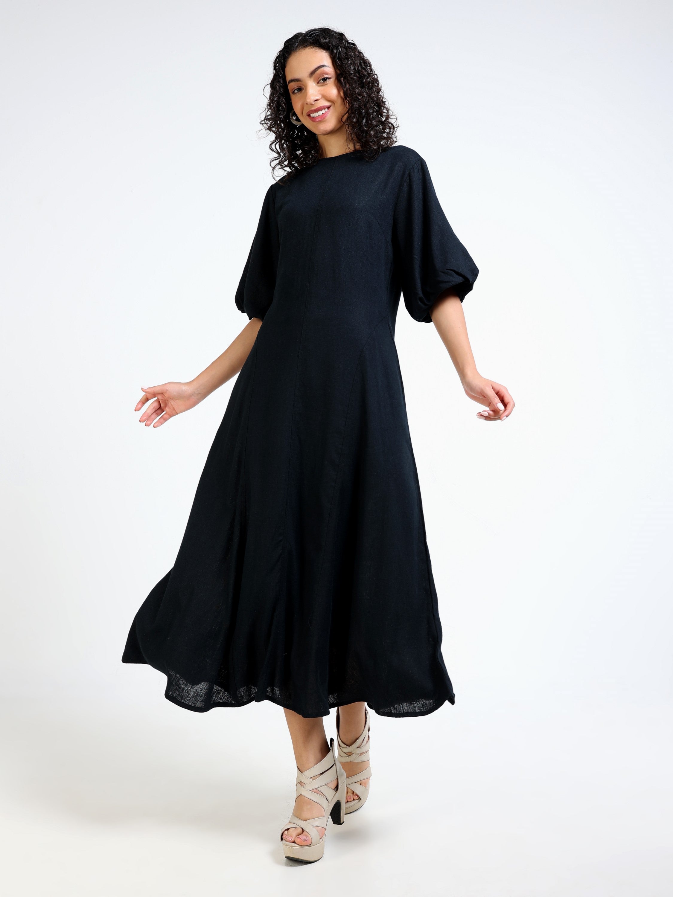 Women Black Linen Blend Dress