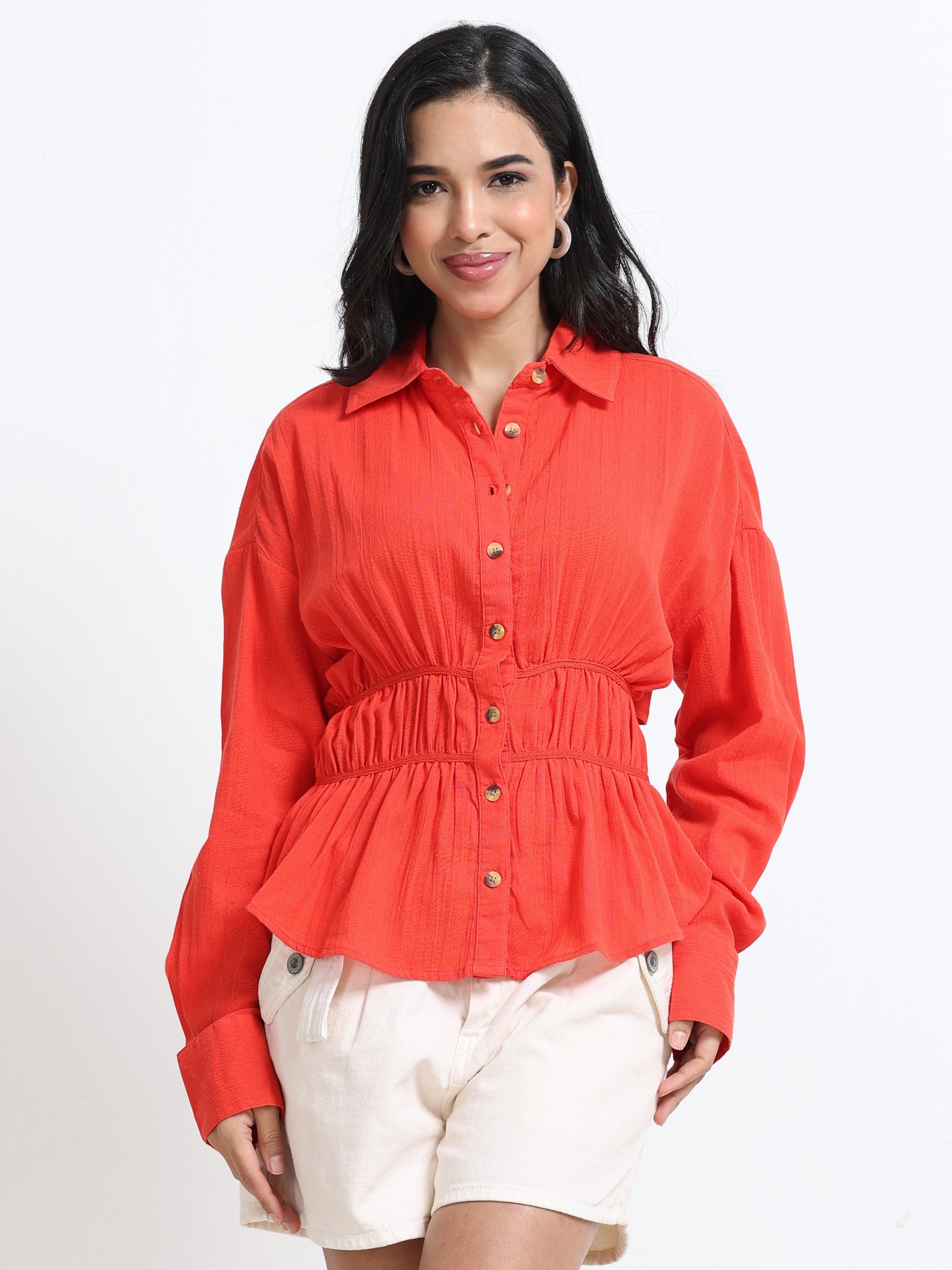 Women Red Back Cut-Out Shirt