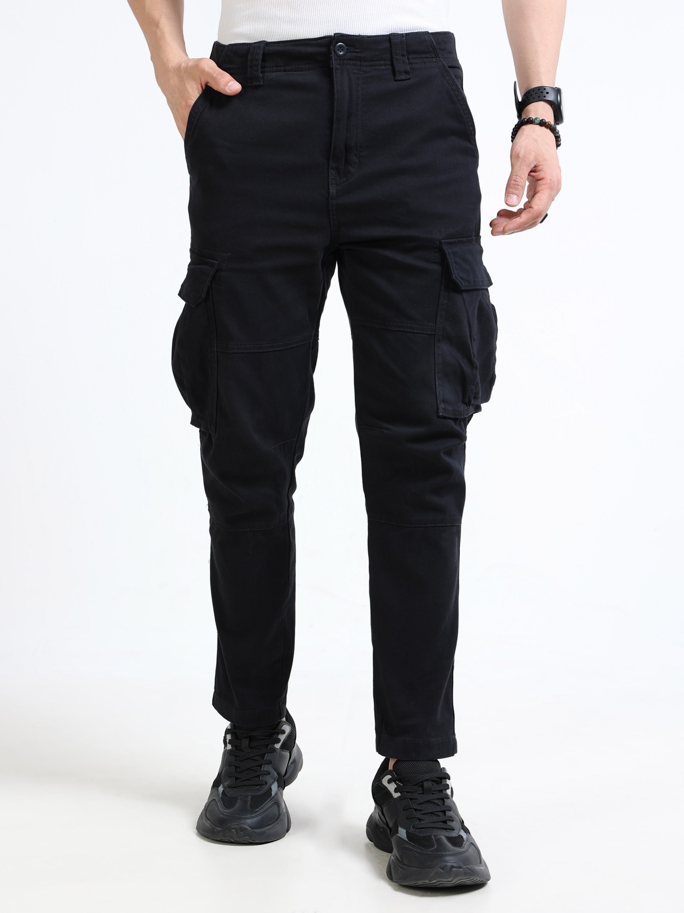 Men Black Mid Rise Cargo Pants