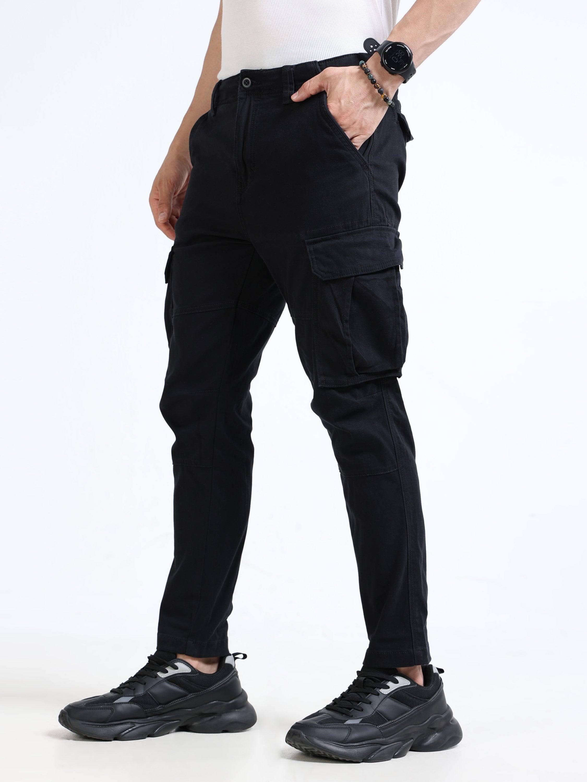 Men Black Mid Rise Cargo Pants
