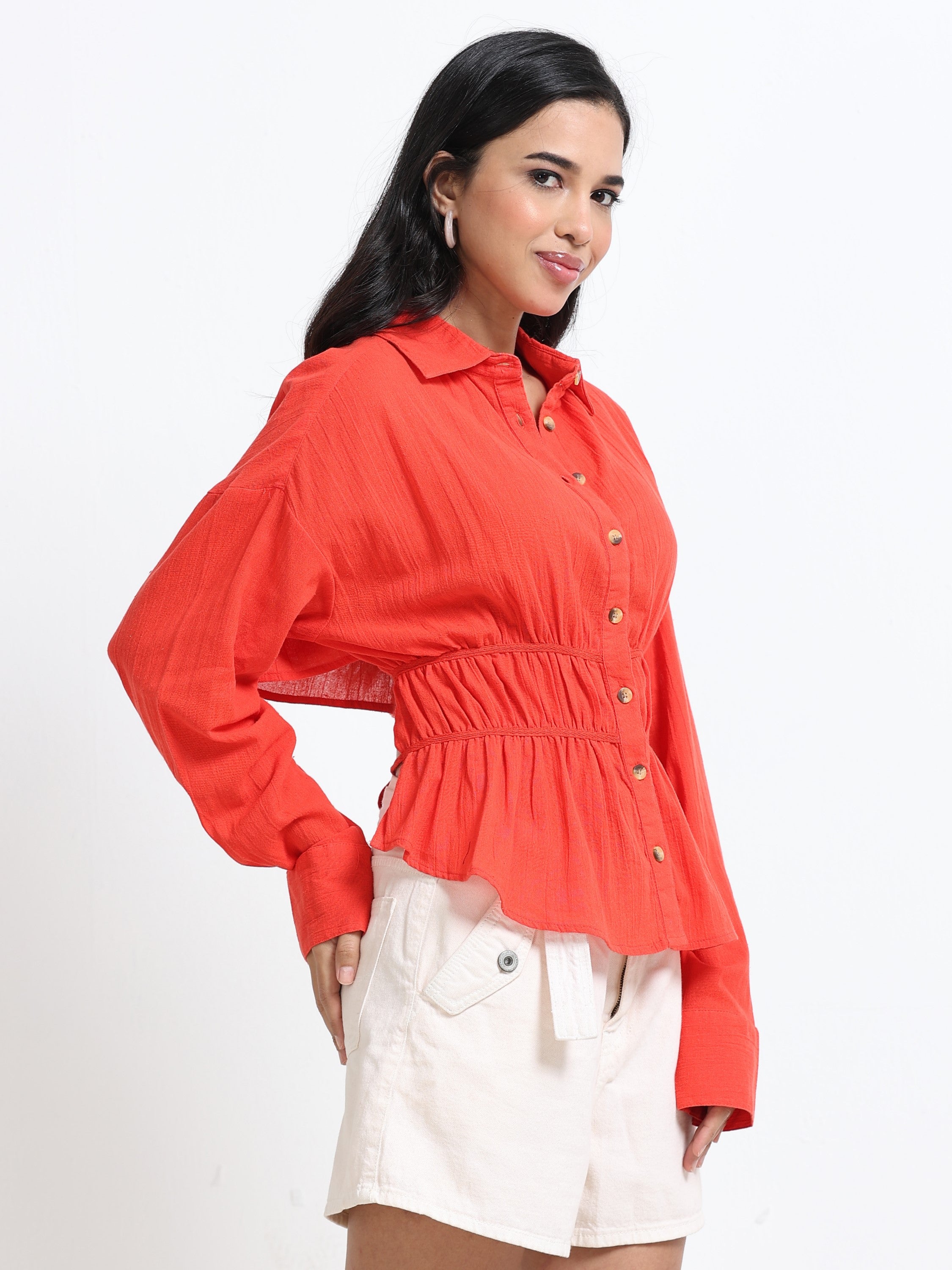 Women Red Back Cut-Out Shirt