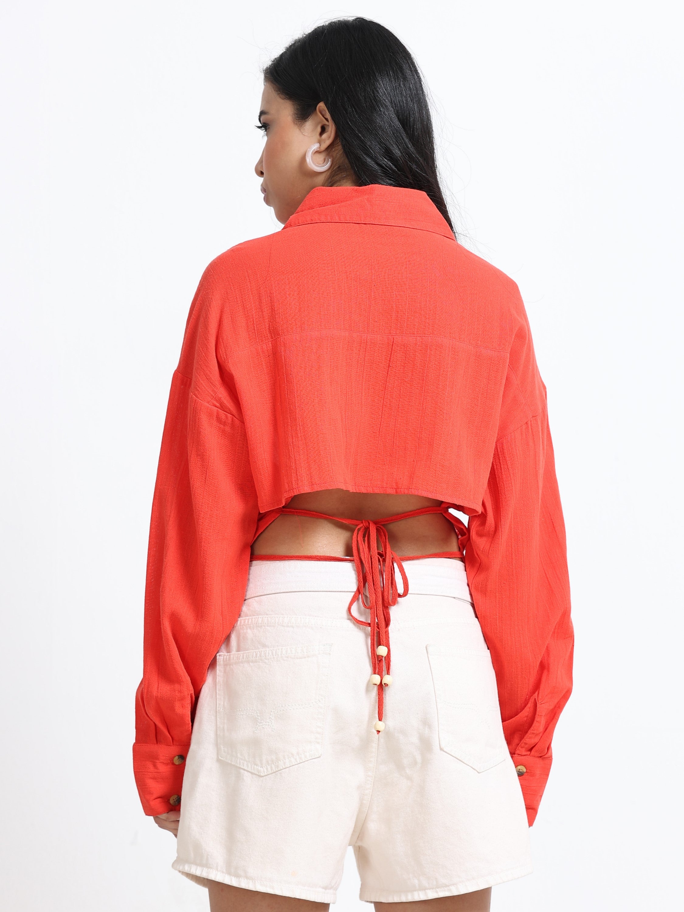 Women Red Back Cut-Out Shirt