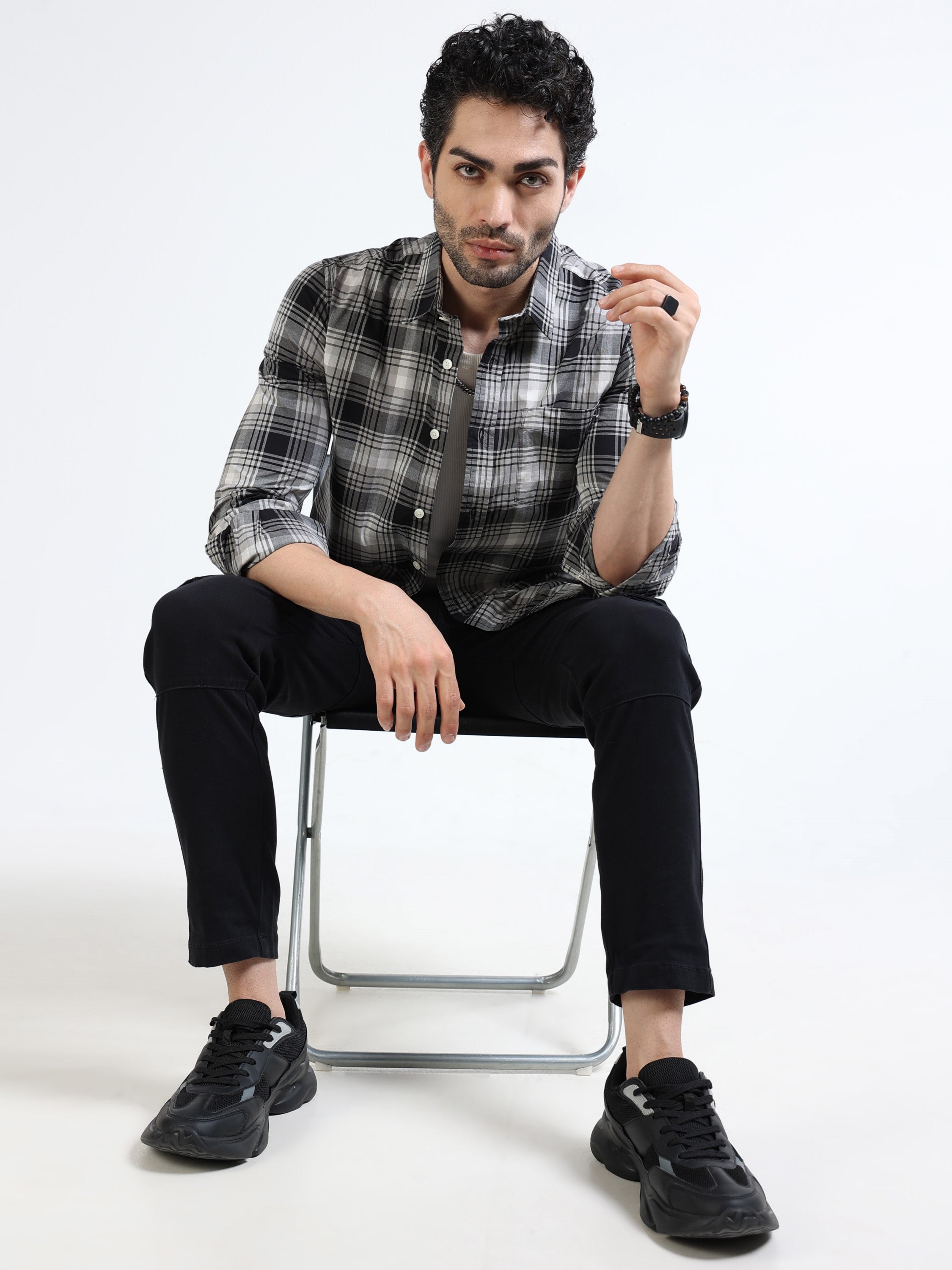 Men Black Regular Fit Check Shirt