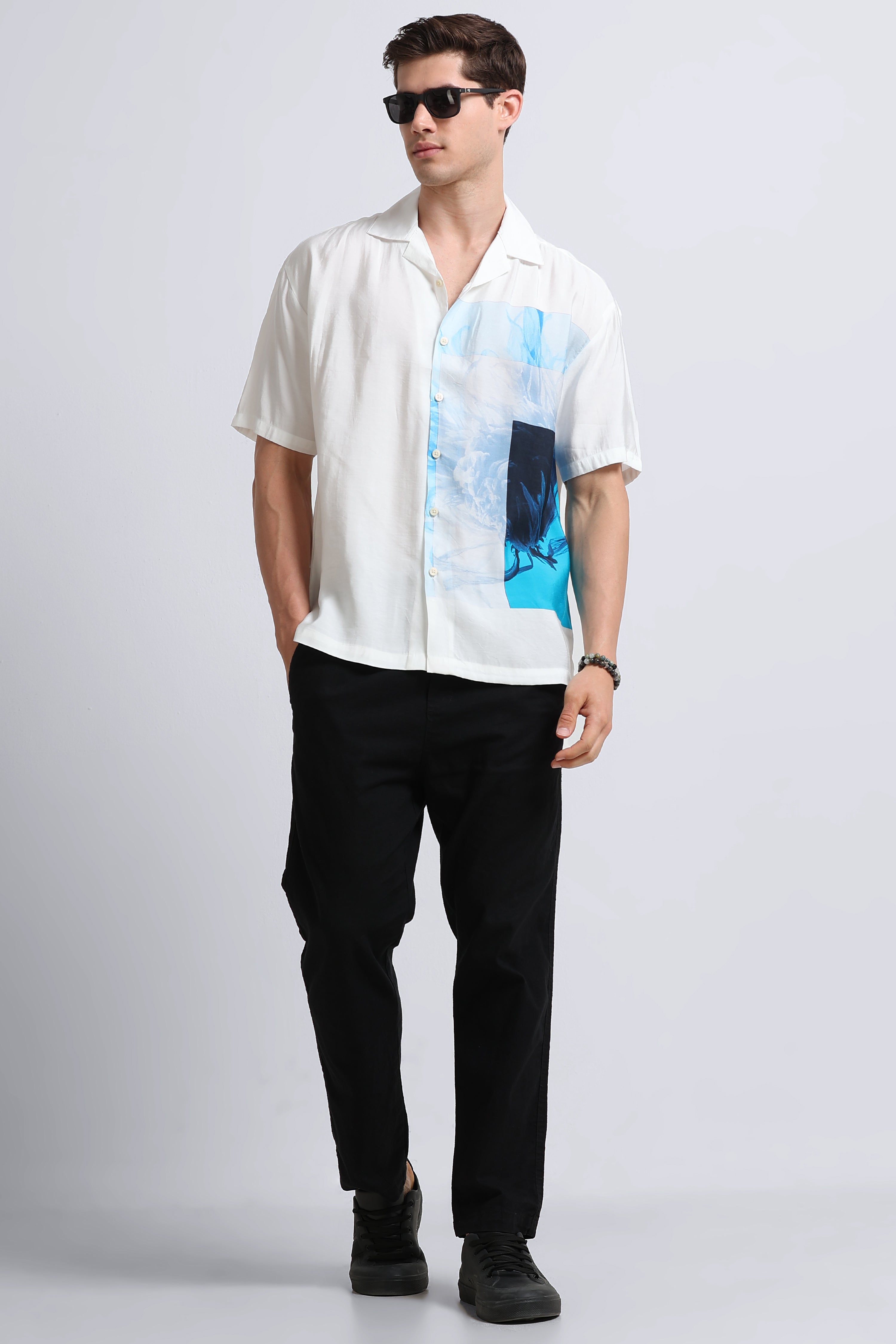 Men Blue Oversized Graphic Print Shirt